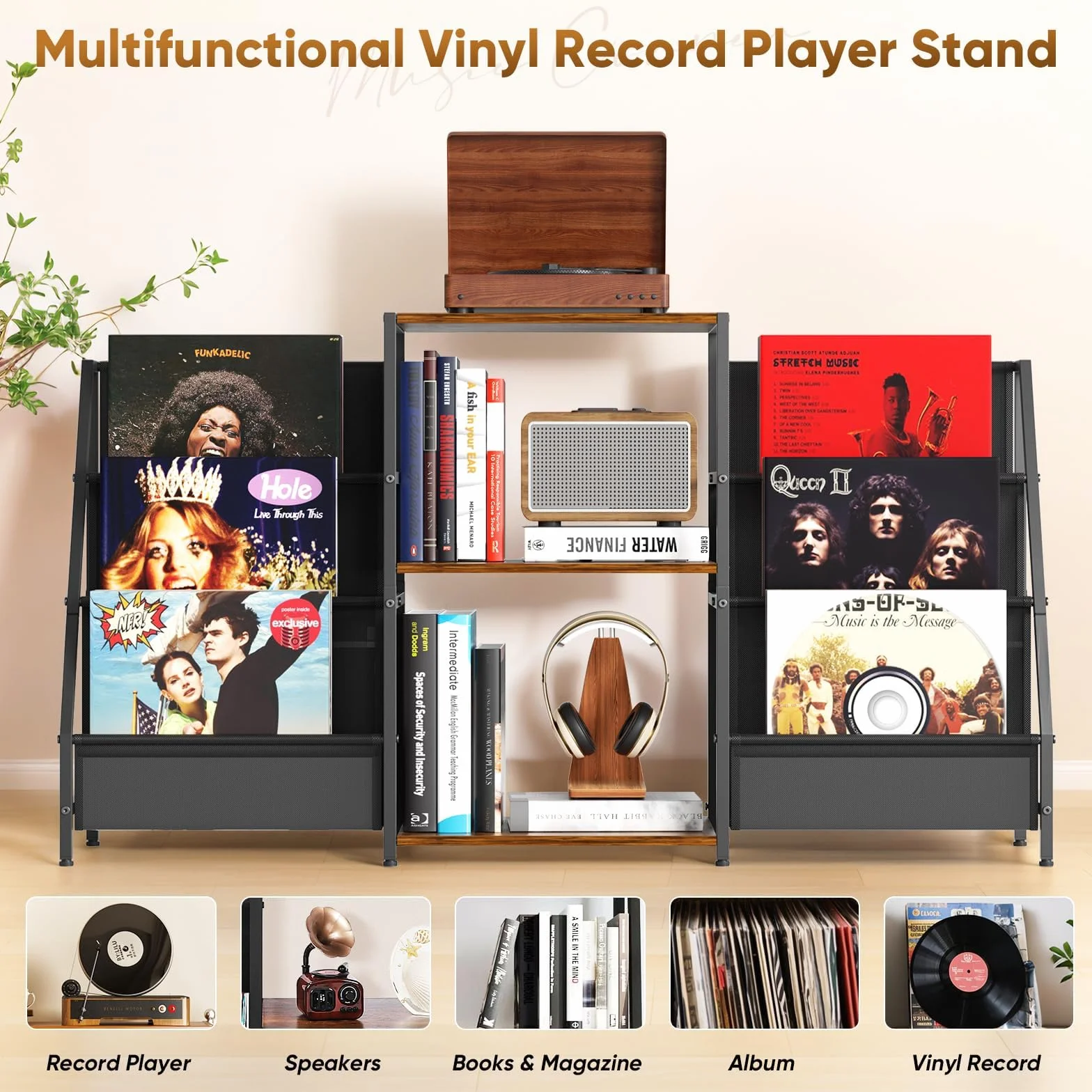 Support de platine vinyle à 3 niveaux pour ranger des disques en vinyle jusqu'à 200 albums, 123 x 30 x 73 cm, support d'affichage et de rangement dans le salon, chambre à coucher