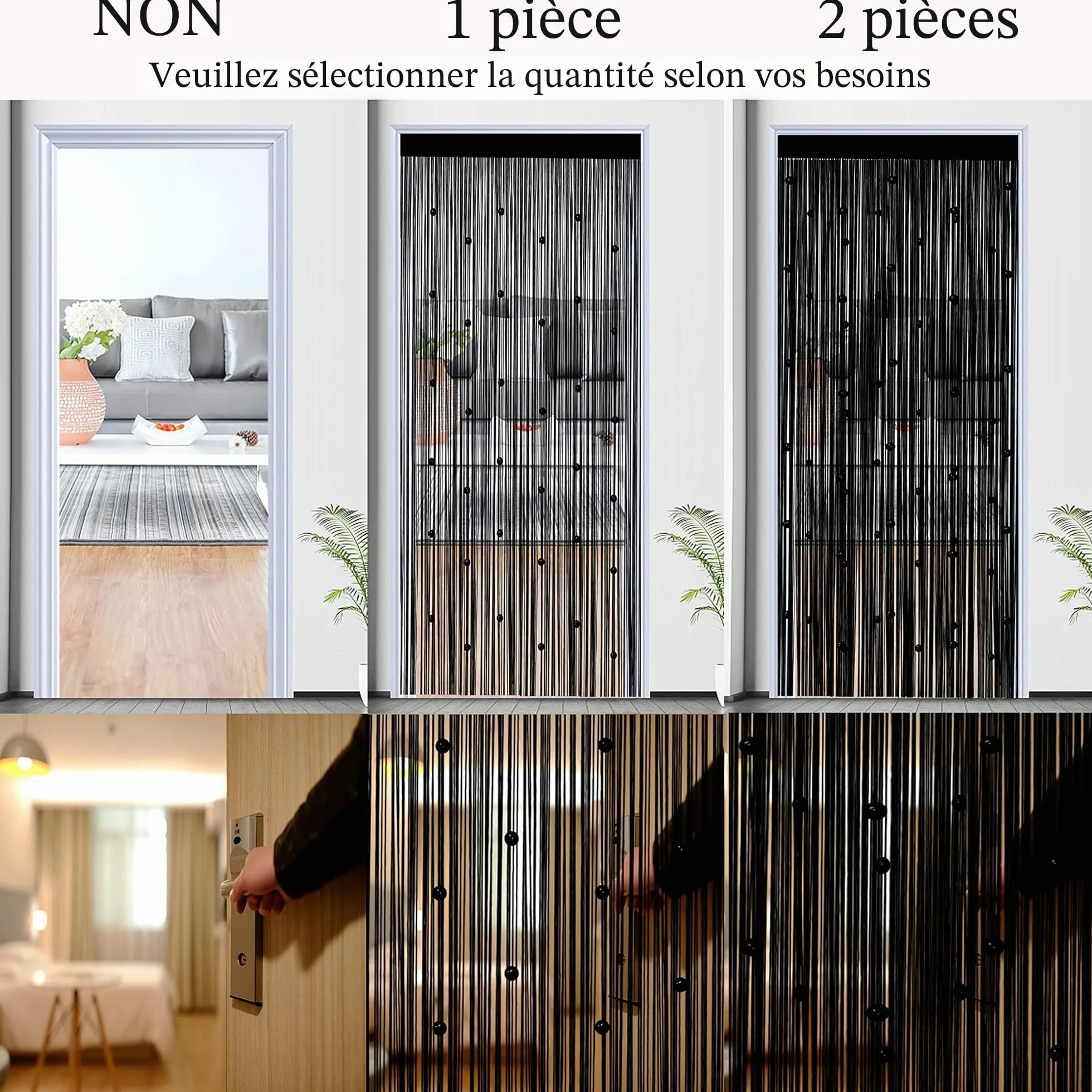 Rideau de Porte en Perles Anti Mouches Extérieur 90x200cm Noir
