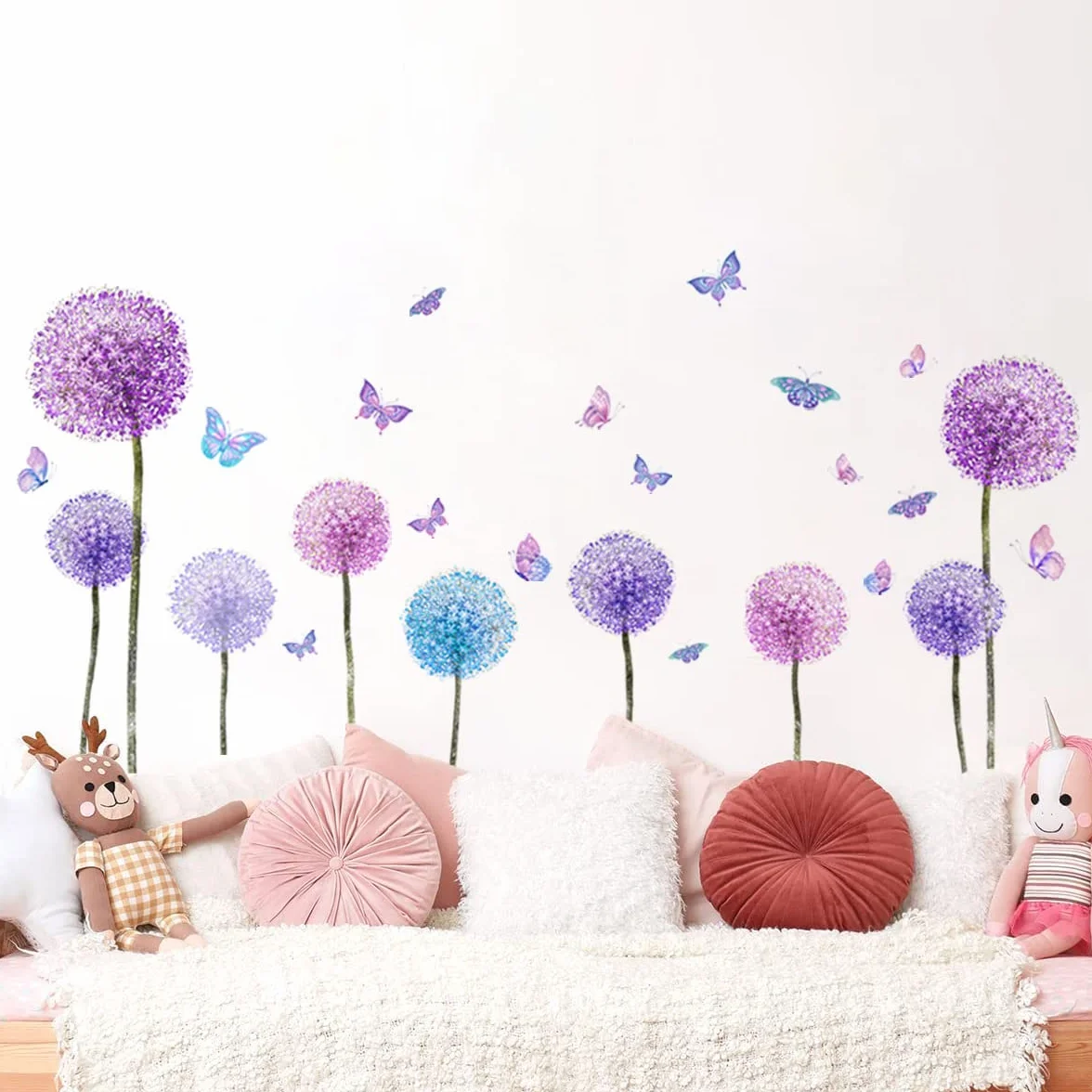 Stickers Muraux FLEURS de PISSENLIT violets 110x62 cm Autocollant Mural Fleurs Pastel Lilas Plantes Déco Murale Chambre