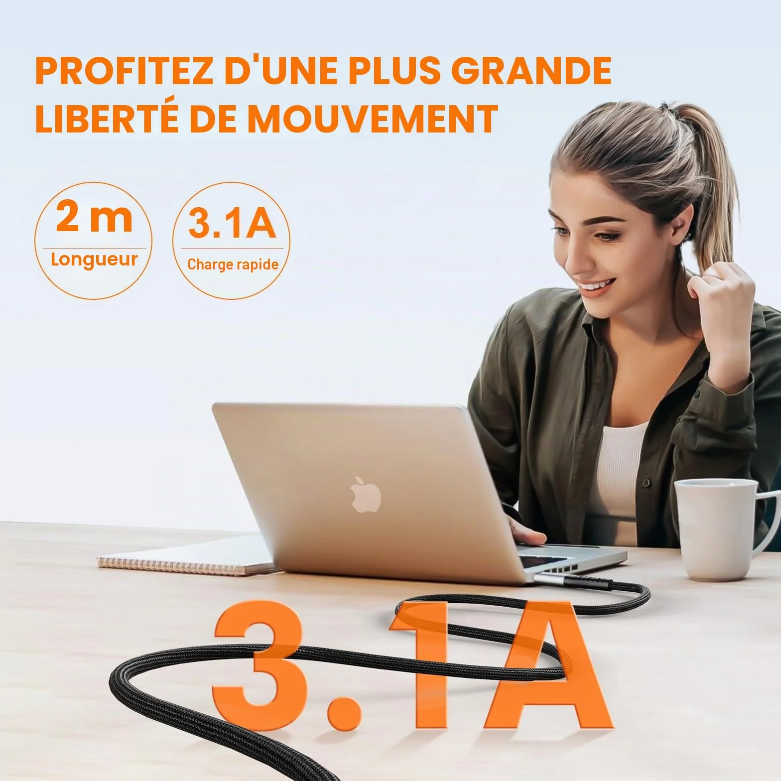 GRIFEMA Câble USB C 2m Charge Rapide 3.1A QC3.0 Tressé Nylon pour iPhone 16/15 Samsung S22/S21/S20 Huawei Google Pixel Xiaomi