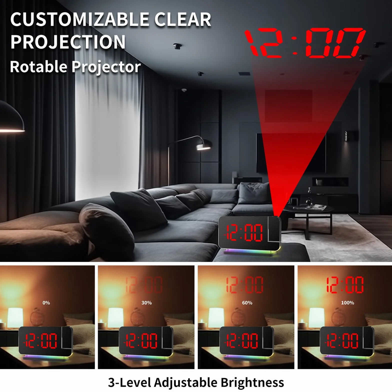 Cuteefun Reveil Projecteur Plafond, Affichage RVB 11 Couleurs, 6 Niveaux Luminosité, Port USB C/A