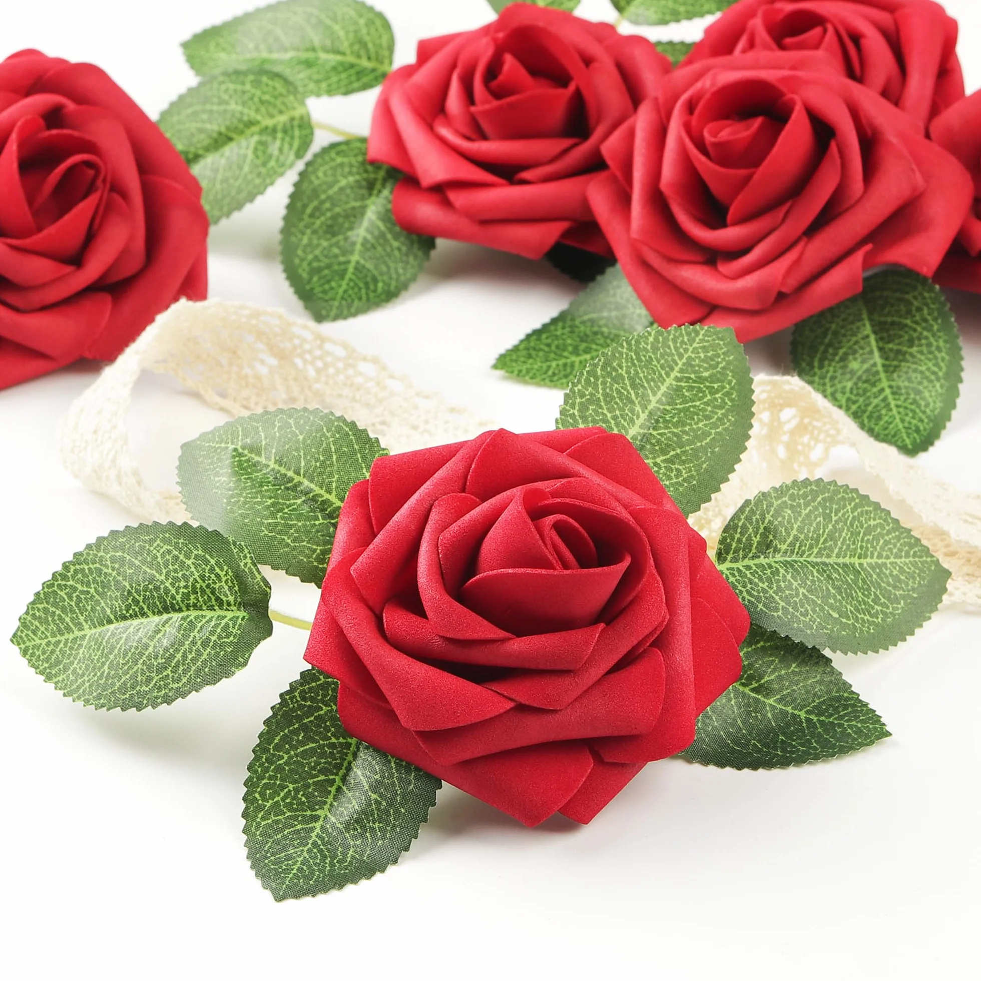 Mocoosy 50Pcs Rouges Roses Fleurs Artificielles, Faux Roses Latex Rouge Foncé avec Tige pour Mariage Bouquets Décorations