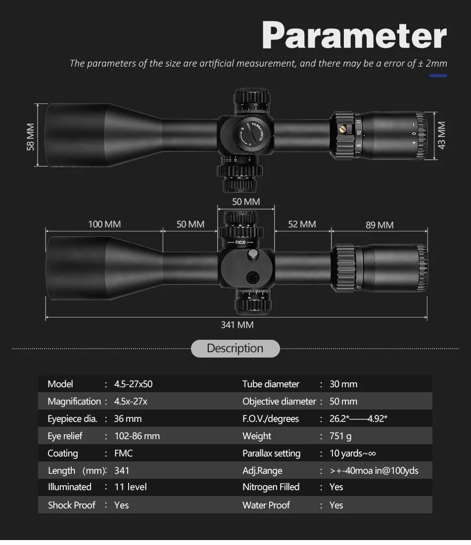 SPINA OPTICS HD 4.5-27X50 FFP Pierwsze lunety z płaszczyzną ogniskową, czerwono-zielony podświetlany zakres optyki celowniczej BDC pasuje do .308