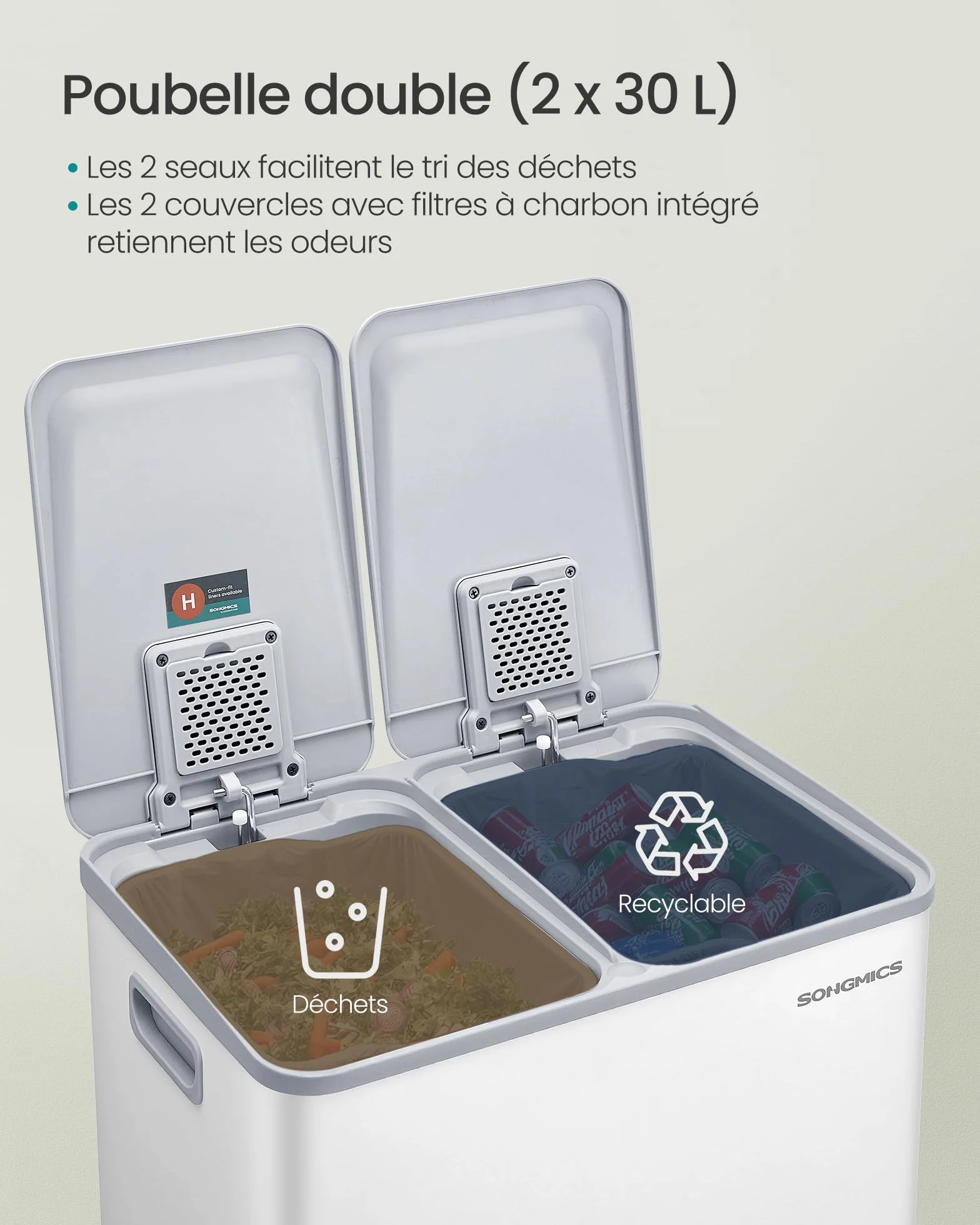 SONGMICS Poubelle de Cuisine 2 x 30 L Acier Inoxydable avec Pédale Blanc Mat LTB741W02