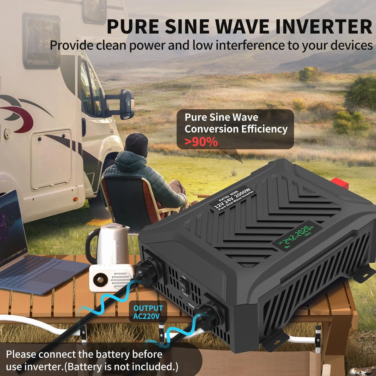 DATOUBOSS 2. generacji uniwersalna przetwornica napięcia 12V/24V na 230V 2000W/4000W czysta sinusoida z inteligentnym systemem rozpoznawania, Falownik Czysty Sinus z wyświetlaczem LCD, 2 gniazdami EU