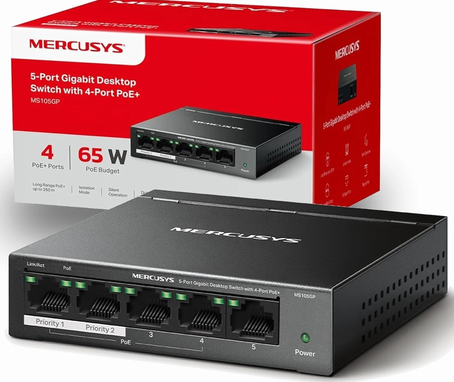 Mercusys TP-Link MS105GP Switch PoE+ 5 ports Gigabit, 4 ports PoE+, 65W, Boitier Métal
