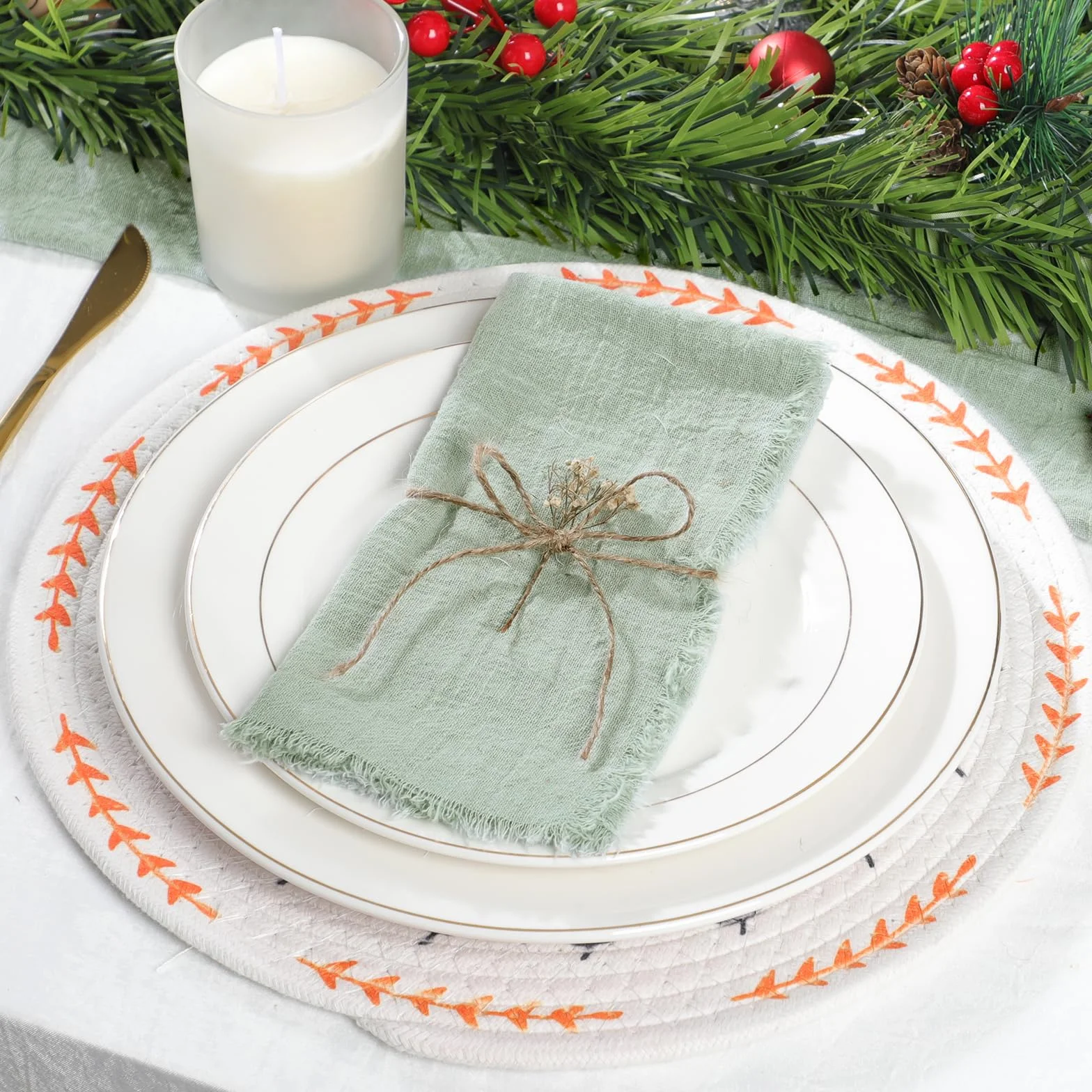 Lot de 50 Serviettes de Table réutilisables en Gaze de Coton Vert de Noël, pour fête de Mariage, décoration de Table rétro, 42 x 42 cm.