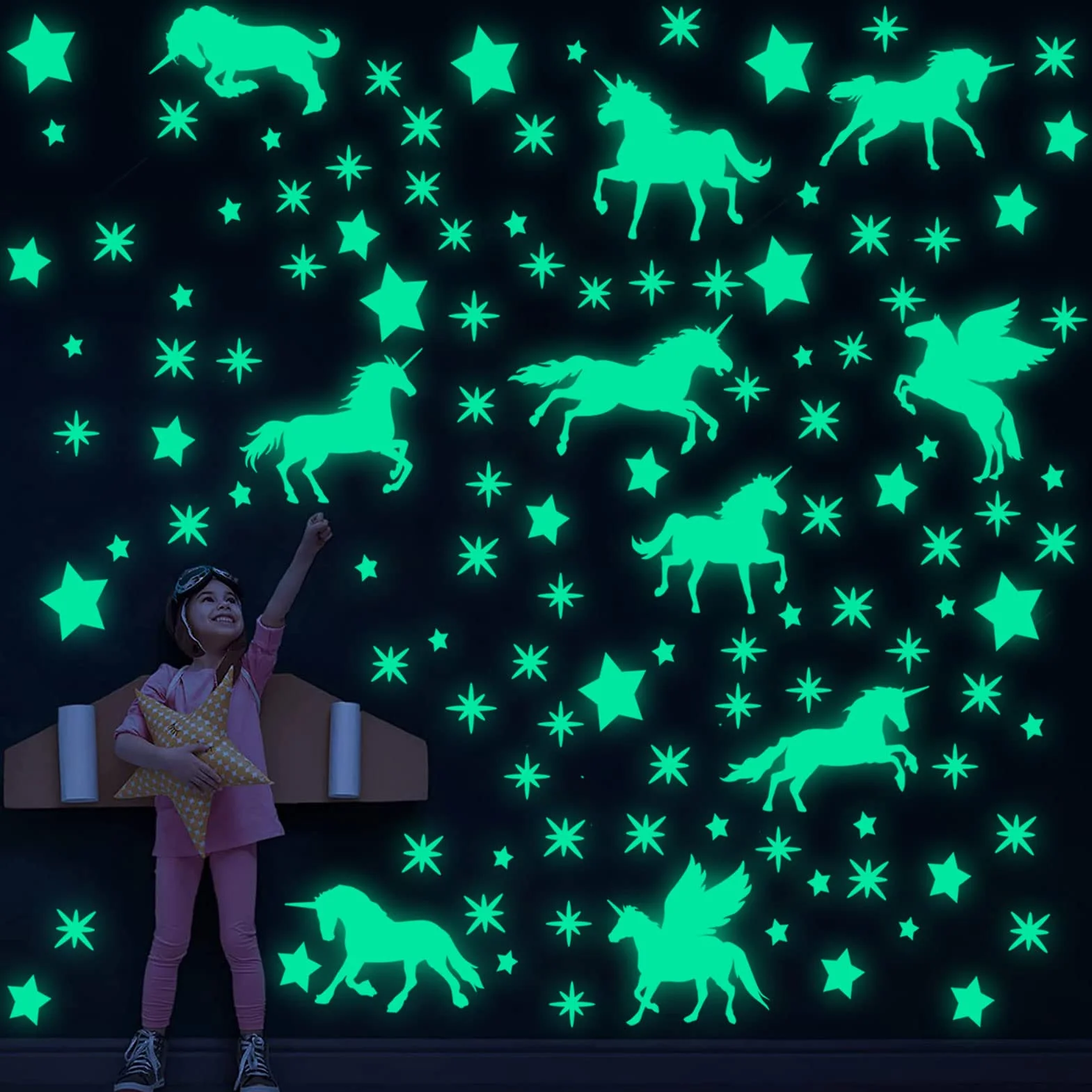 Autocollants Muraux Lumineux Étoiles Lune Fluorescentes pour Chambre Bébé Fille Enfants Décoration Plafond Vert
