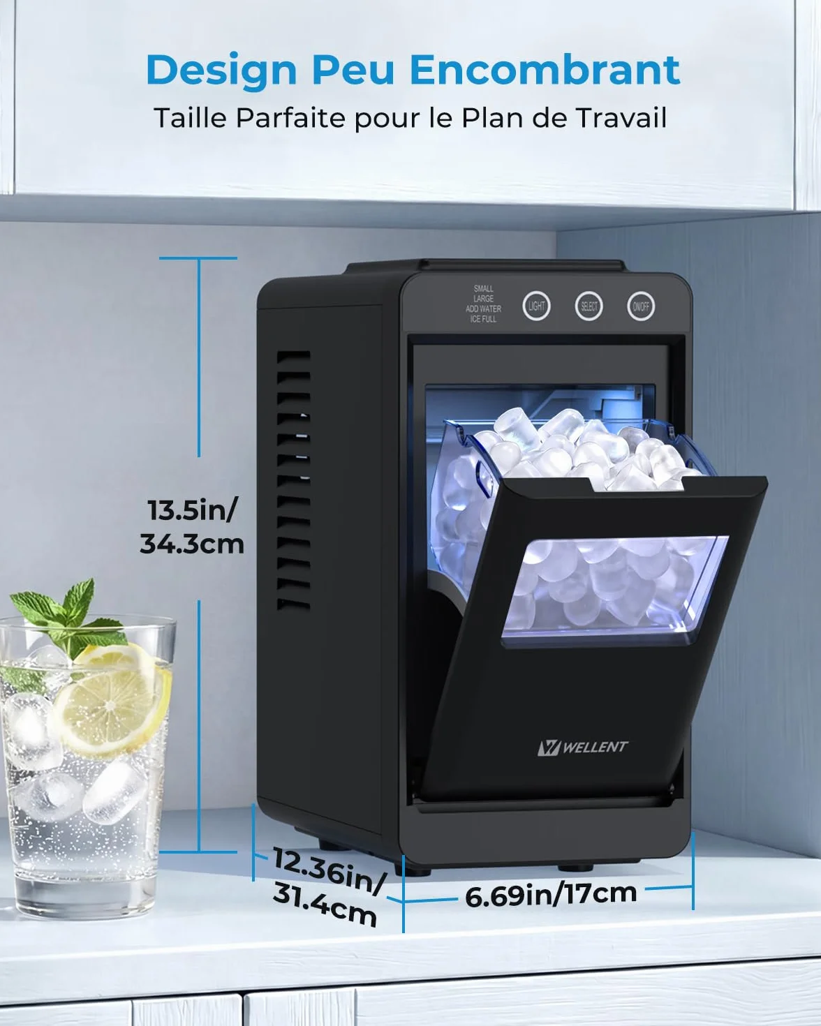 WELLENT Machine à Glaçons Comptoir - Production Rapide 12kg/24h & Glaçons en 6 Min - Design Gain de Place Silencieux - Idéale pour Canicule, Cuisine, Bar et Bureau (Acier Inoxydable)