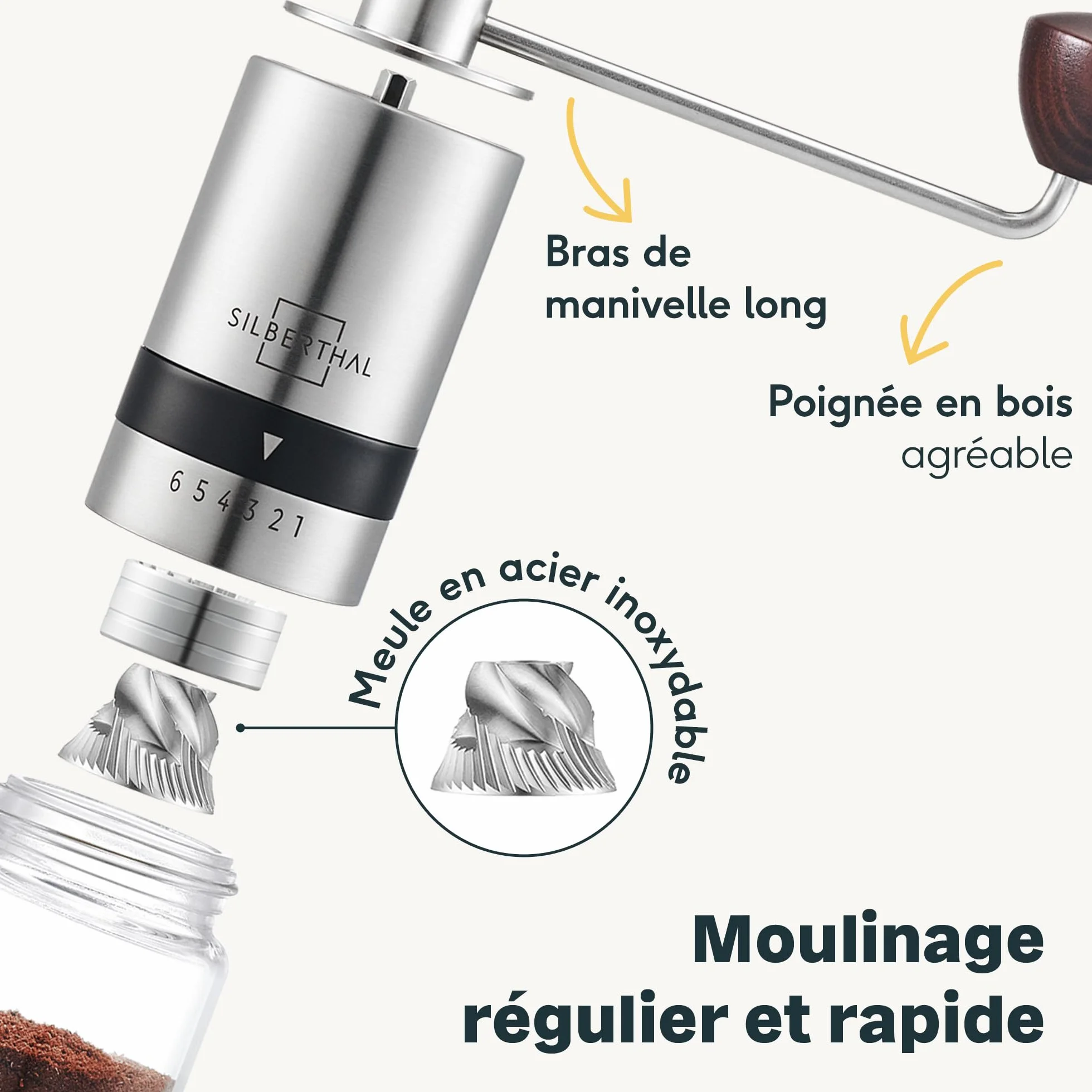 SILBERTHAL Moulin A Café Manuel - Acier INOX - 6 Niveaux Réglables - Broyeur Portable Grains De Café - avec Récipient De Stockage Et Brosse de Nettoyage