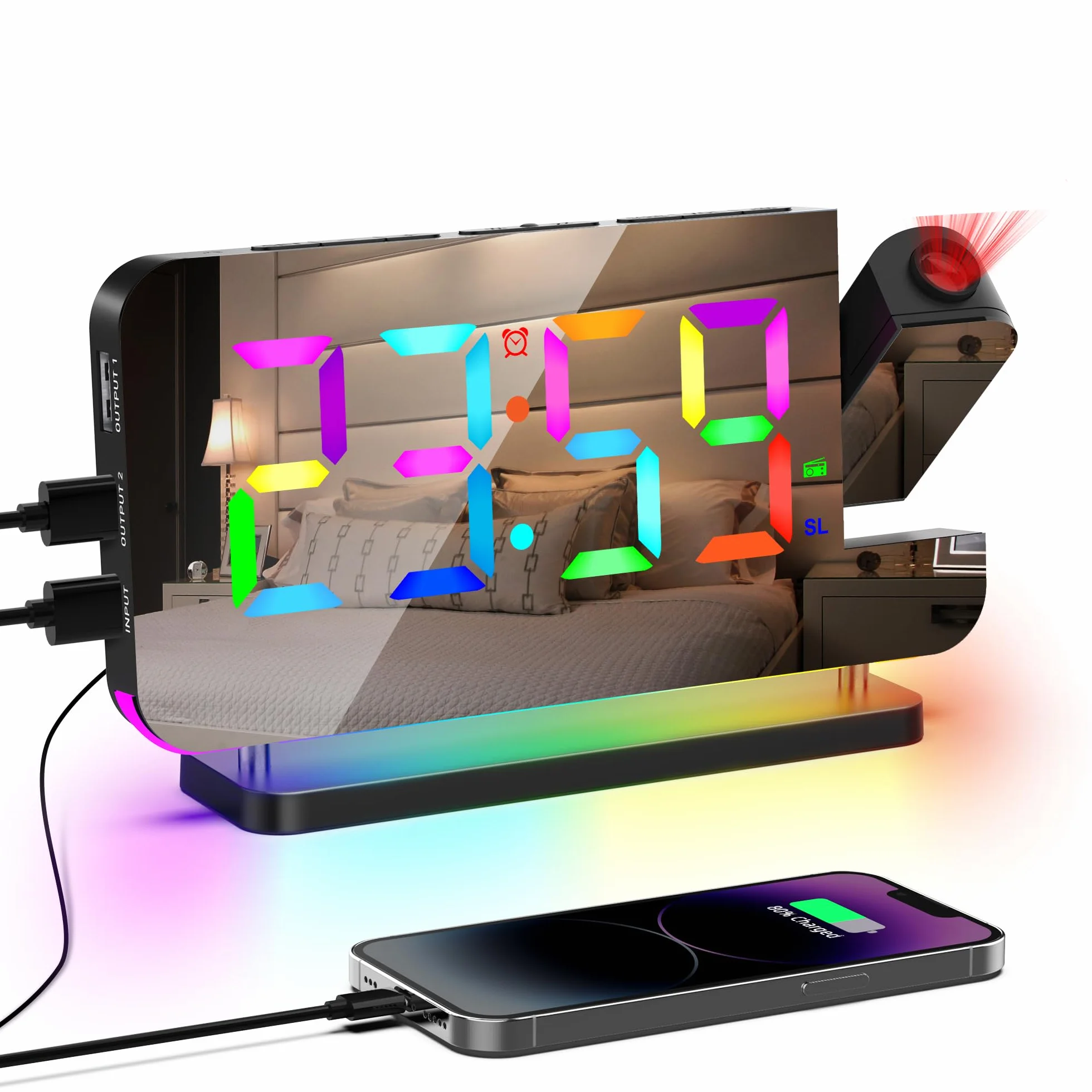 Réveil à Projection Colorée avec Surface Miroir Radio Couleur RVB 10 Couleurs Veilleuse LED Horloge Bureau Noir