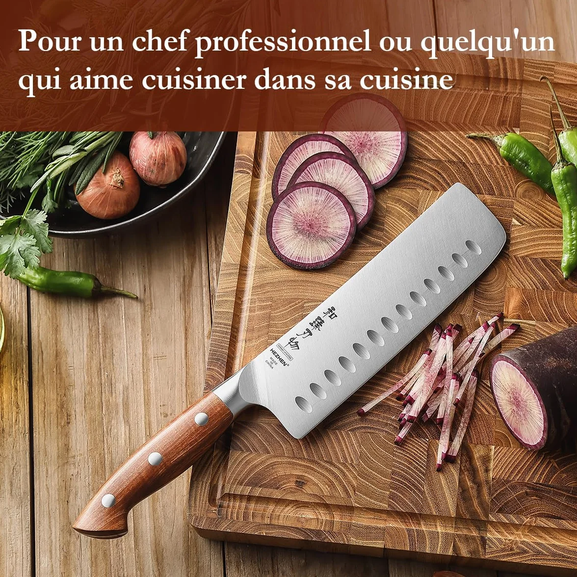 HEZHEN Couteau de Nakiri en Acier Geman, Style Japonais Couteau Couperet，Multi-Usages Couteau de Chef Asiatique Pour Trancher la Viande et les Légumes，Griff aus Redwood