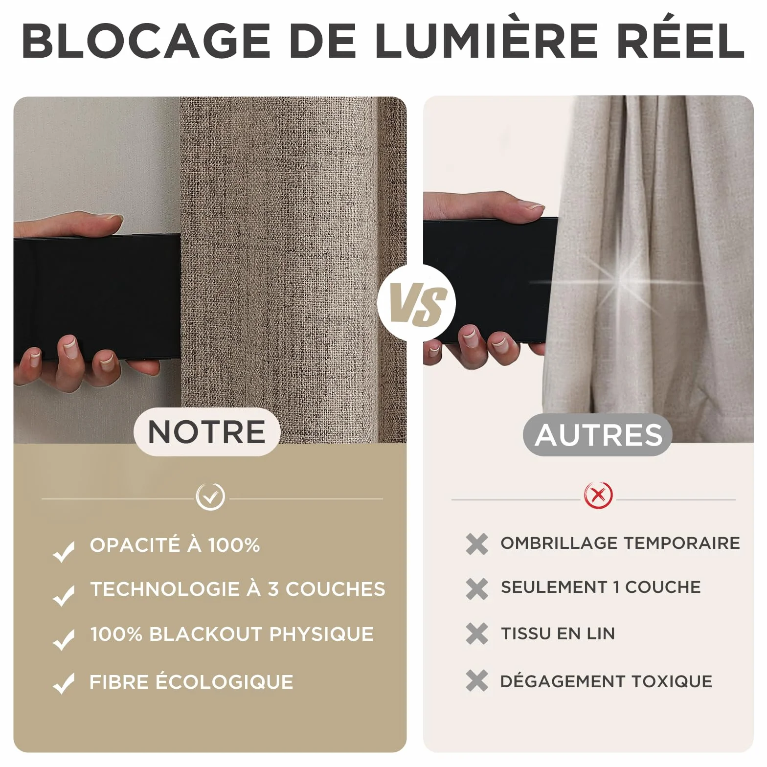 Joydeco 100% Rideau Occultant Lin 135x240 cm 2 Pièces, Double Rideaux Isolant Thermique Anti UV à Pattes Cachées et à Passe Tringle pour Décoration Chambre Salon et Protection d'Ameublement
