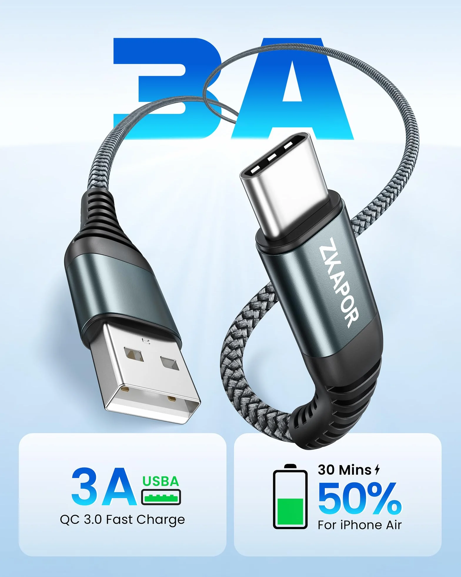 ZKAPOR Extra Long Câble USB C 3M Charge Rapide 3A Nylon pour iPhone 15/15 Pro Max, Samsung Galaxy S23/S22/S21