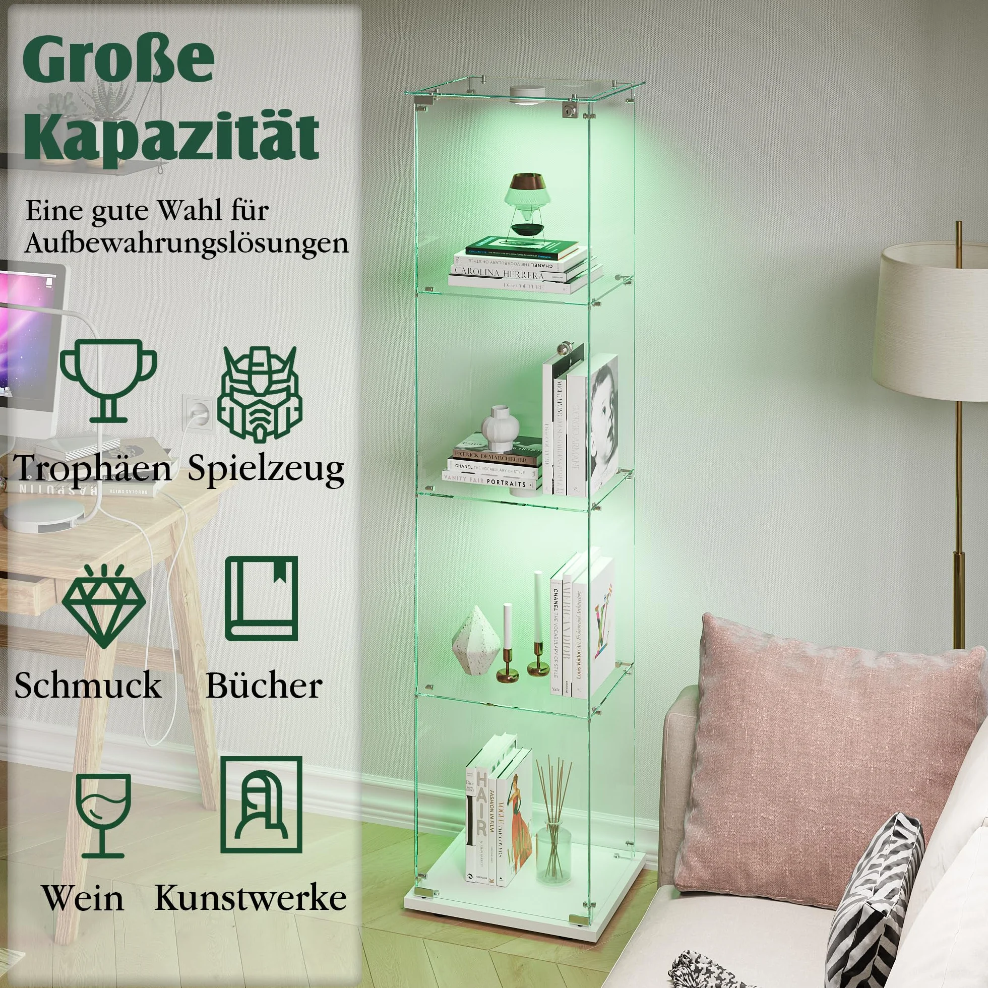 Meuble Vitrine Verre, Vitrine Verre 4 Layers Armoire Vitrineavec Serrure 163x35x39.8 cm VitrineVerre LED Vitrineen VerrePour Collection avec Porte Meuble VitrineSalon Transparent (Blanc A)