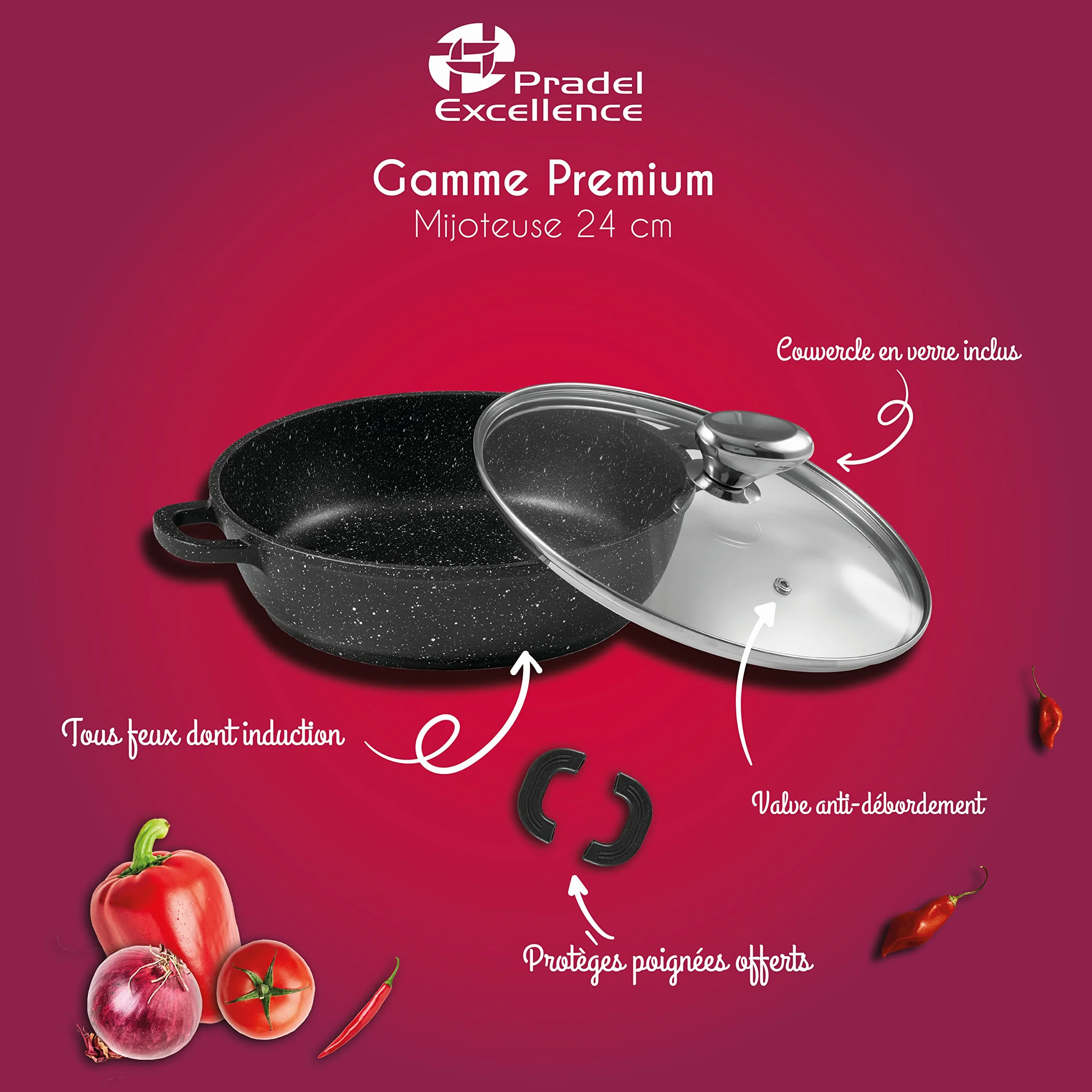 Pradel Excellence - PCUI001015 - Mijoteuse Fonte d'Aluminium Premium Ø24cm, Couvercle Verre - Revêtement Anti-Adhésif Façon Pierre - Poignée Amovible - Tout Feu, Noir