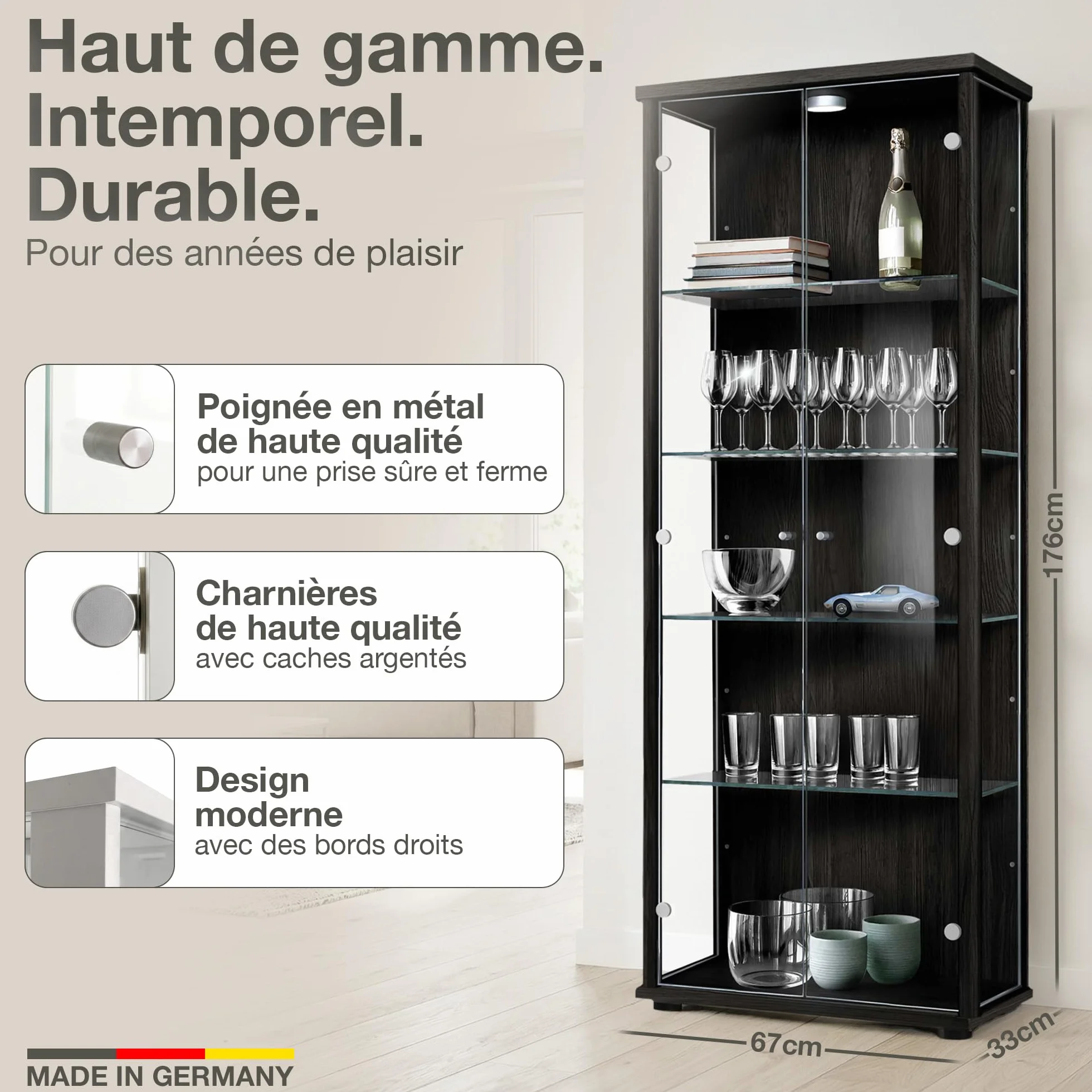 Meuble vitrine Verre 2-Portes (176x67x33cm) - Fabriqué en Allemagne - Vitrine Salle a Manger Noir avec 4 étagères en Verre réglables & LED - Armoires vitrées de présentation Figurine