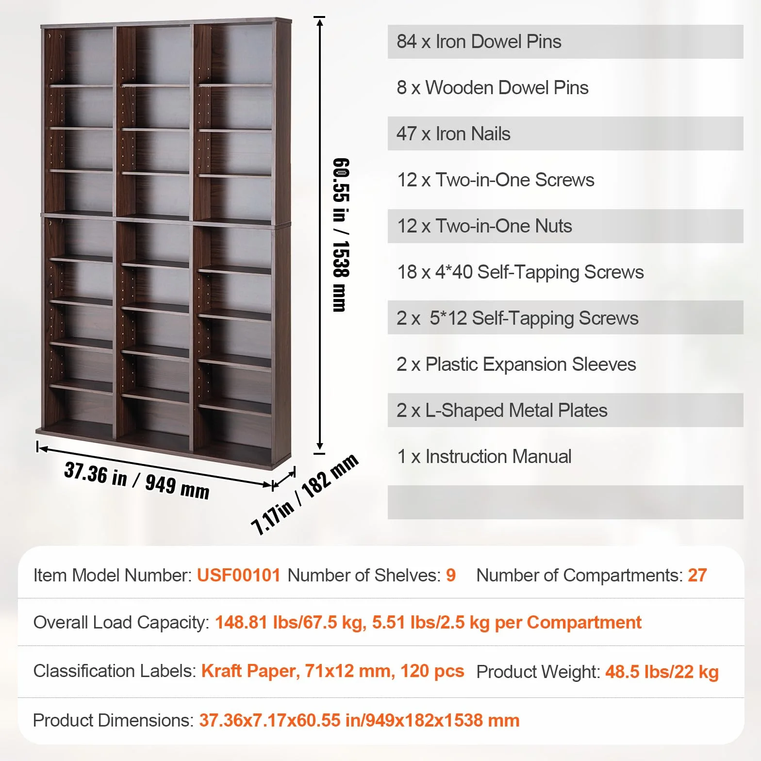 VEVOR Armoire de Rangement CD/DVD, réglable avec 27 Compartiments, étagère à DVD à 9 Couches pour 756 CD, protège et organise Les Collections de Musique, de Jeux vidéo ou de Souvenirs, Marron foncé