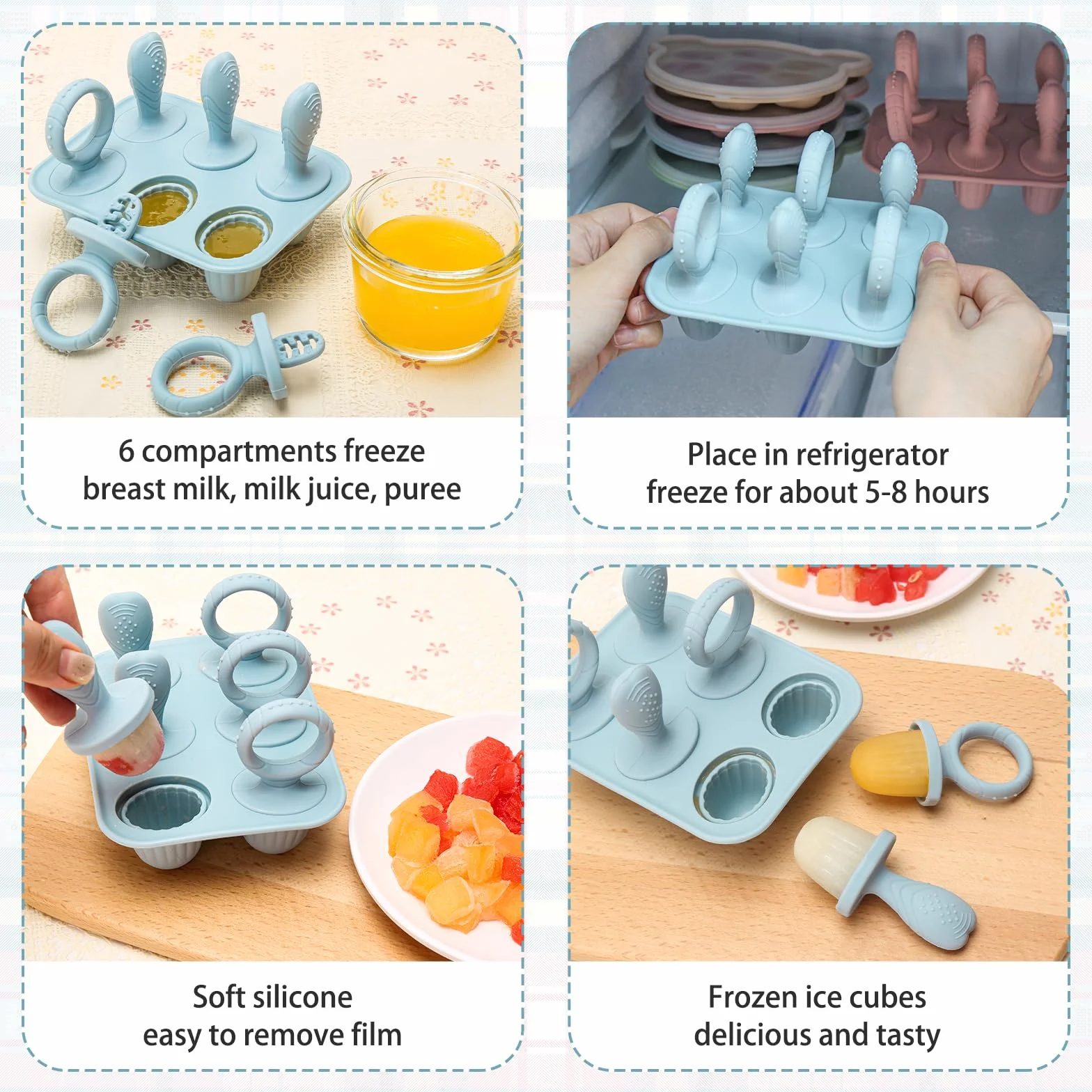Mini Moule à Glace Bébé Réutilisable 6 Pochons Silicone Alimentaire Sans BPA Popsicle Enfant avec Bâtonnets Compatible Lave-vaisselle Bleu