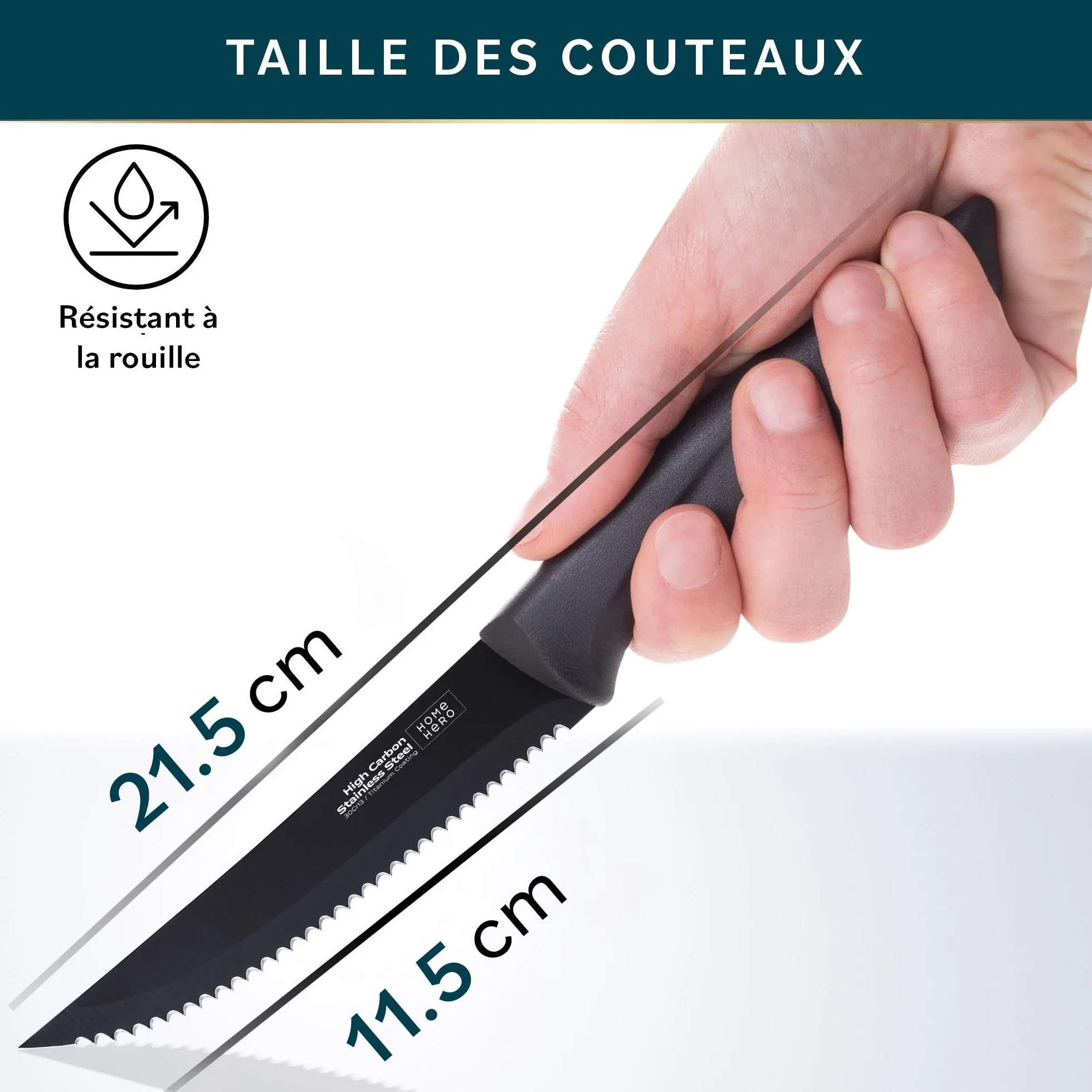 Couteaux à Steak Acier Inoxydable Lame Dentelée 21 cm Lot de 8 Noir - Couteaux de Table Viande