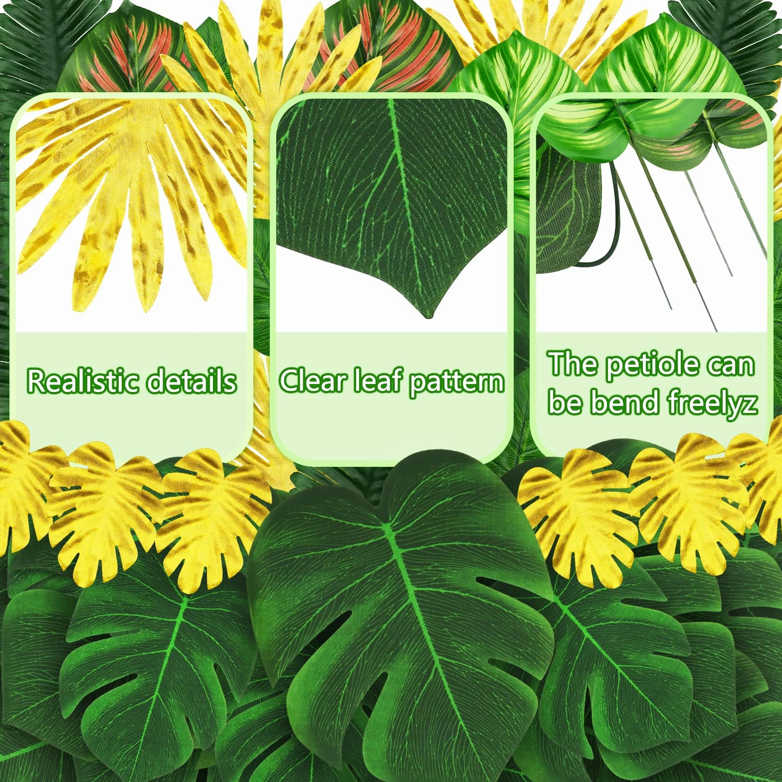 QUOZUO 50 Pièces Feuilles Tropicales Artificielles Palmier Monstera Plantes Tropicales Décorations Vert Or