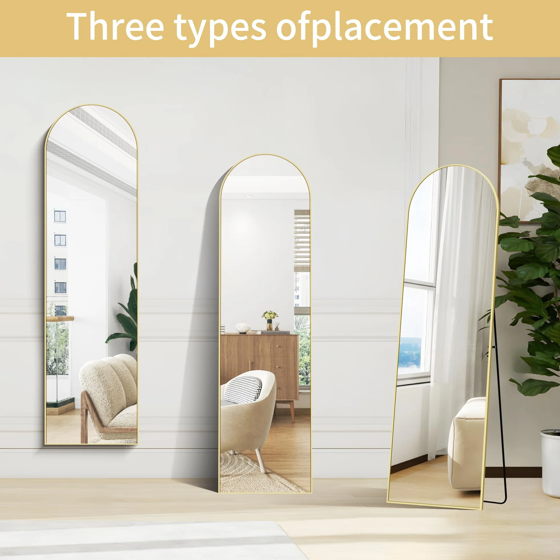 Grand Miroir sur Pied 150 x 40 cm, Miroir Arqué Pleine Longueur Cadre Aluminium Or pour Chambre, Entrée, Couloir