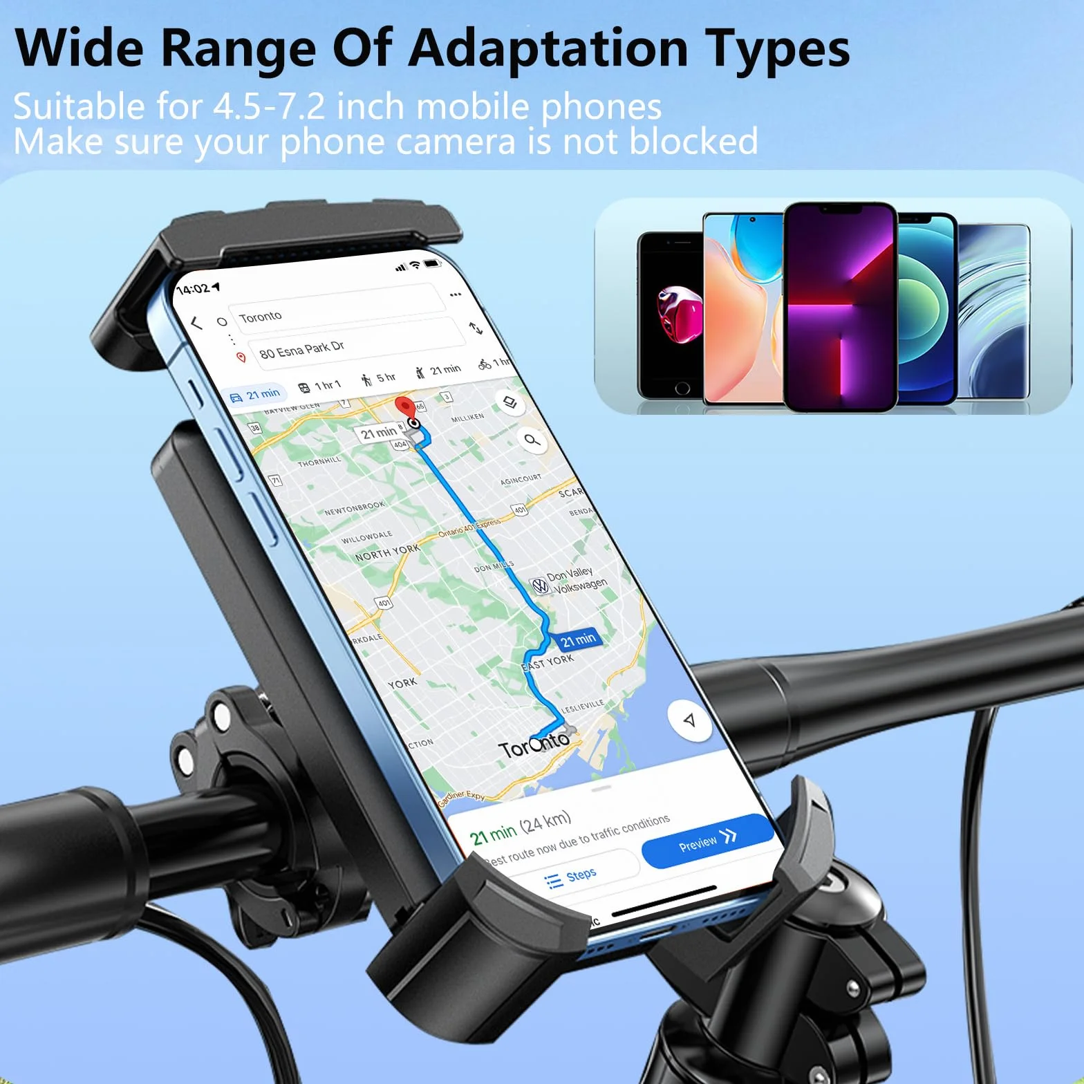 Uchwyt na telefon komórkowy, rower, obracany o 360°, uchwyt na telefon komórkowy, uchwyt na kierownicę rowerową, do smartfonów o przekątnej ekranu 4,5-7,2", kompatybilny z iPhone 14/13/12/11