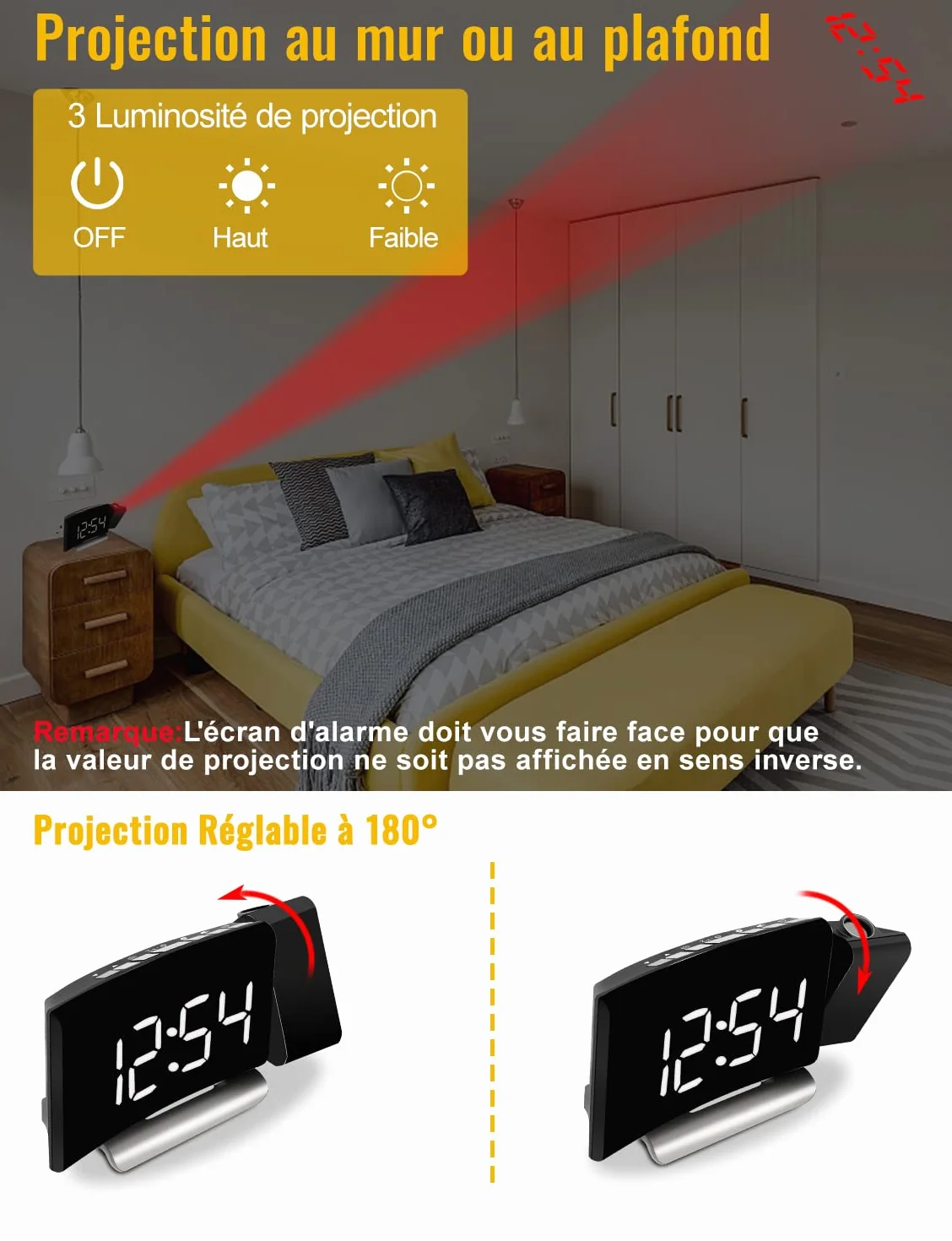 Radio Réveil Projecteur Plafond 4 Luminosité Écran 3 Projection Réglable Double Alarme Snooze Réveil Numérique Chambre