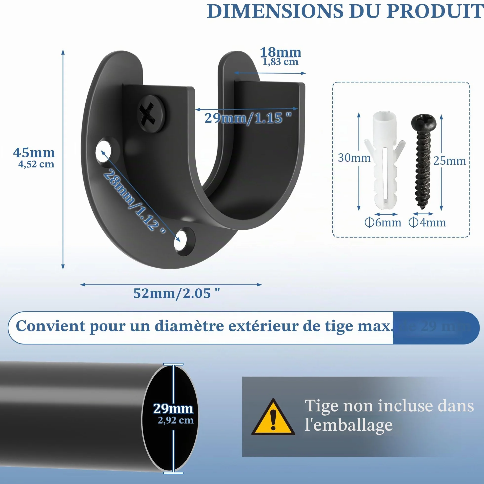 SAYAYO Support Tringle Rideaux Barre Penderie Acier Inoxydable Réglable 24-29mm 2 Pcs Noir Mat