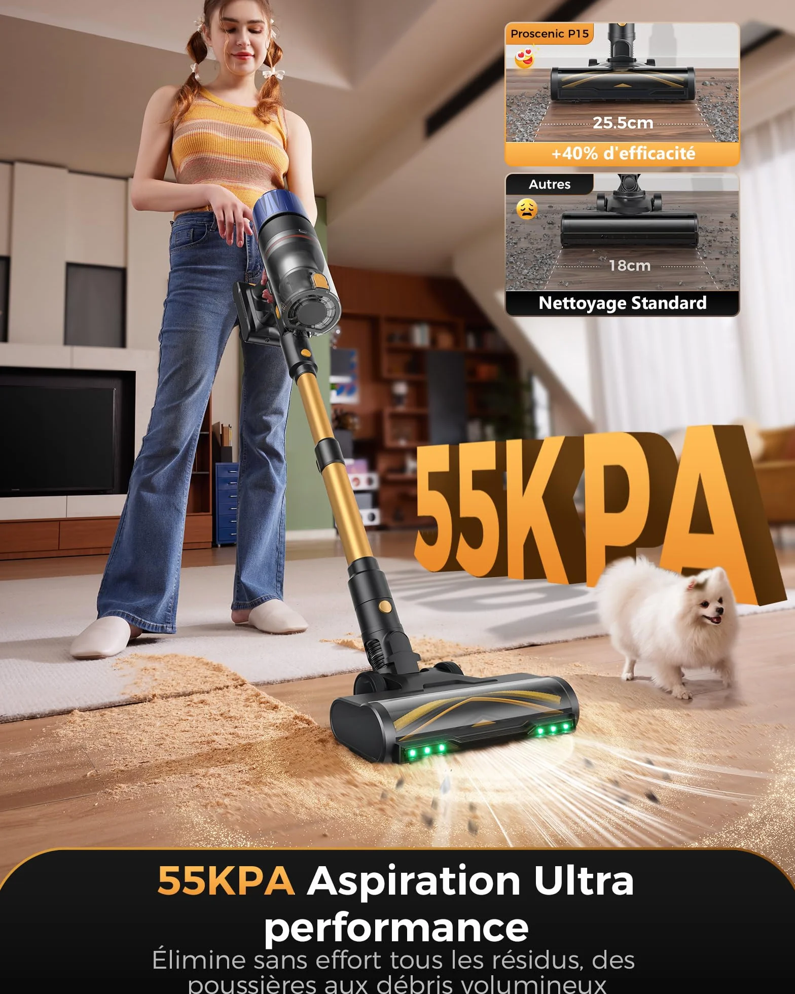 650W/55KPA Aspirateur Balai sans Fil 70min,Proscenic P15 Aspirateur sans Fil Puissant,Brosse Anti-Enchevêtrement,Autoportante,Télescopique Balai Aspirateur Tapis,Sols Durs,Poils d'animaux et Voiture
