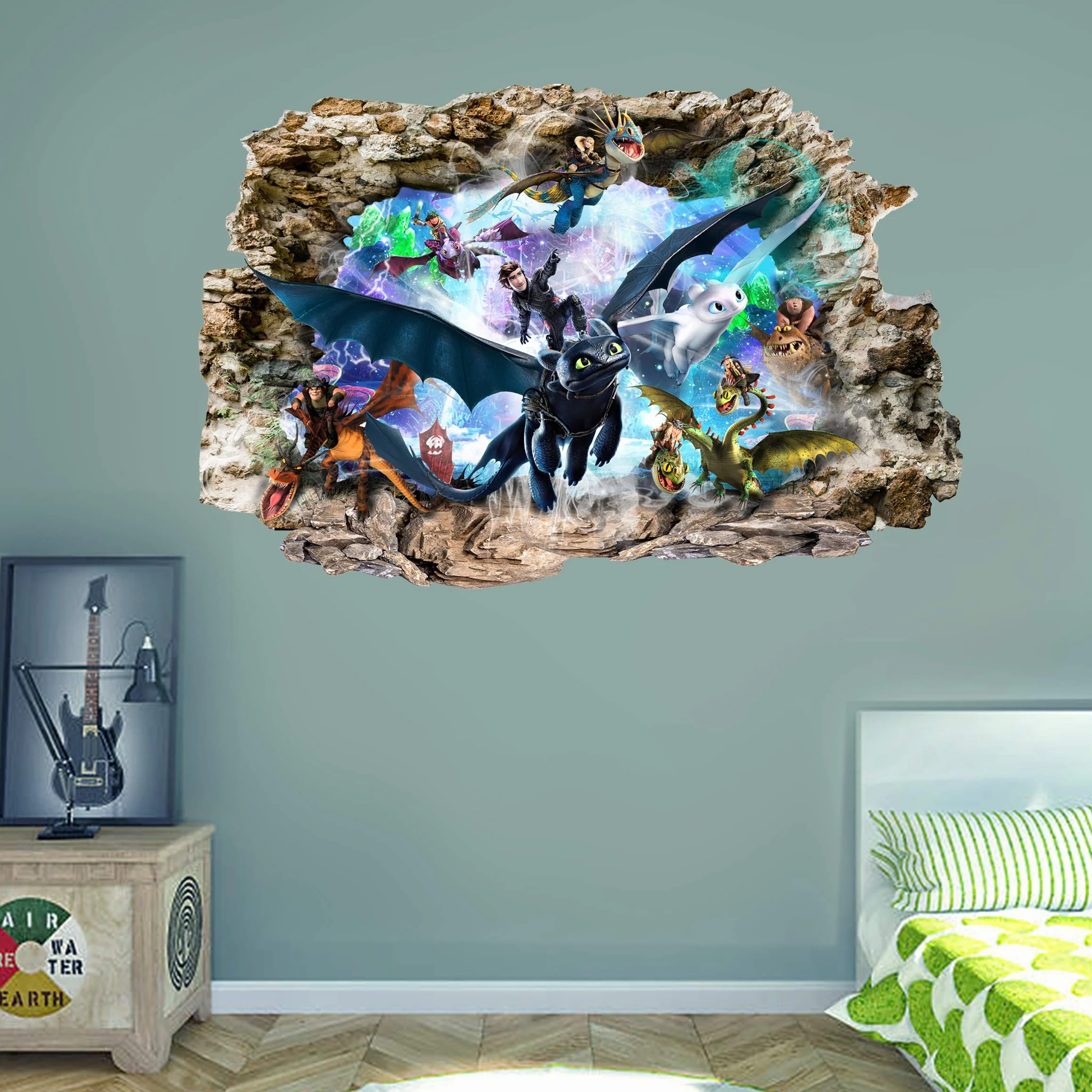 Stickers Muraux 3D Comment Entraîner Son Dragon 80 cm x 53 cm
