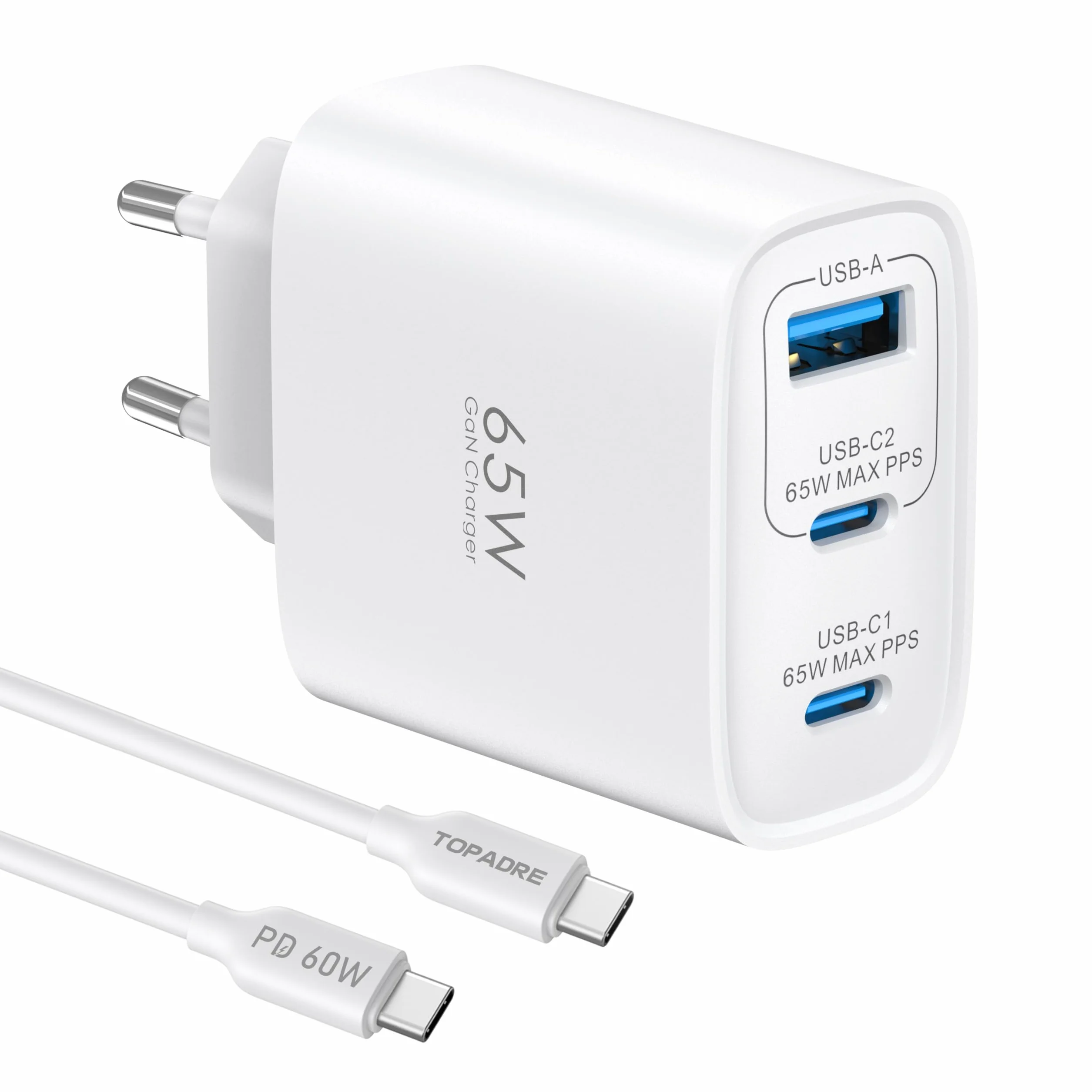 Chargeur USB C 65W GaN PD3.0 PPS 3 Ports avec Câble 60W pour iPhone 17 16 15 14 13 Pro Max MacBook M4 M3 M2 Galaxy S25 S24 S23 Note Pixel 9 8 7 iPad Air Pro Blanc