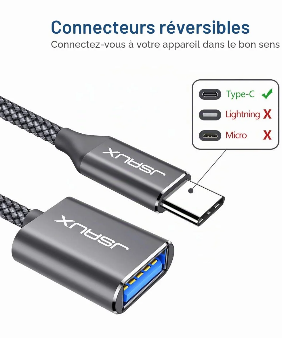 JSAUX Adaptateur USB C vers USB 3.0 Lot de 2 Câble OTG USB Type C Mâle vers USB A Femelle Compatible iPhone 16 Pro Max/15 Pro Max Plus, iPad Pro, MacBook Pro/Air, Galaxy S24/S23/S22 Ultra Gris