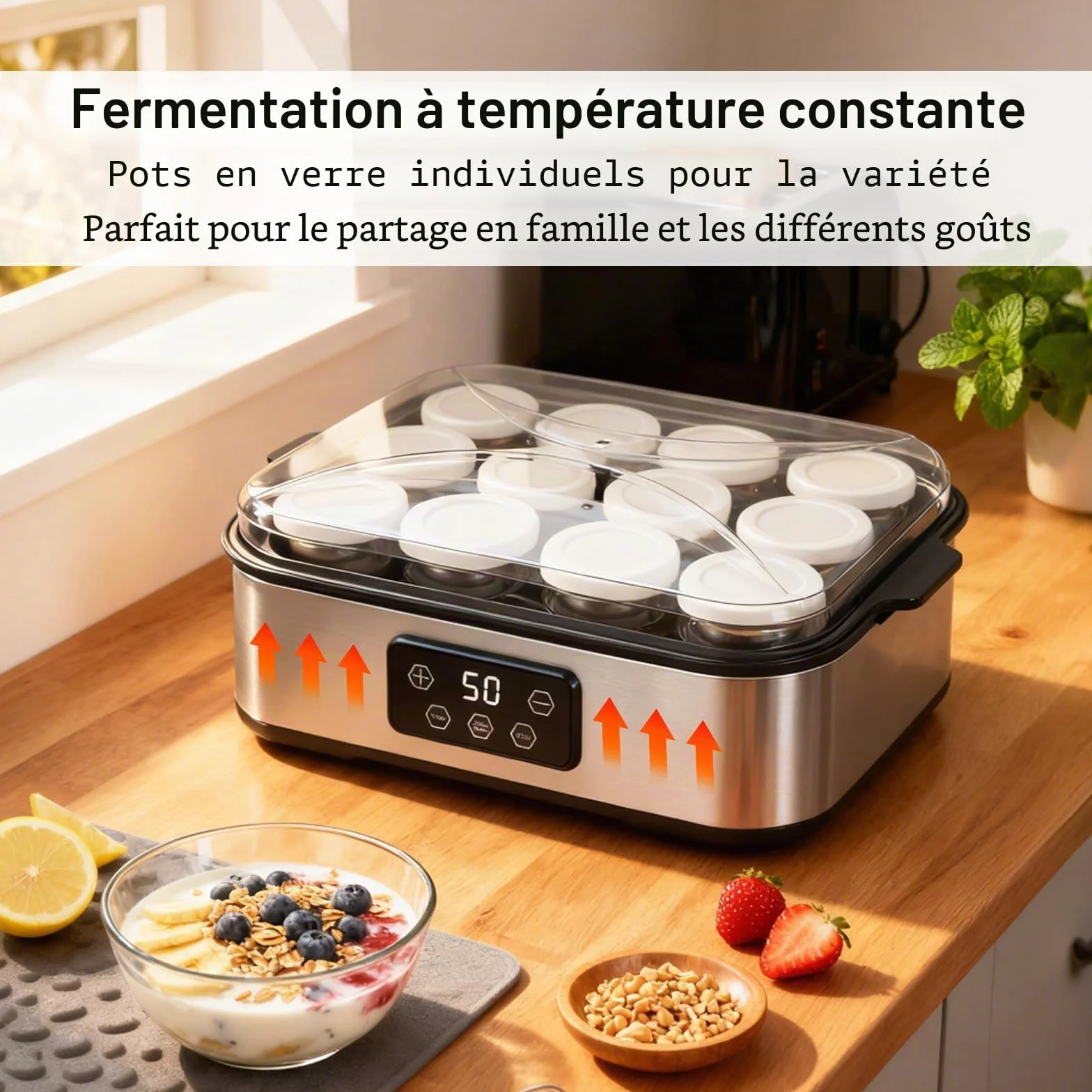 Yaourtière Électrique 2200 ml, avec 12 × 180 ml Pots en Verre, Machine à Yaourt Digitale Inox, Yaourtière Automatique pour Yaourt Maison, Fromage ou Natto