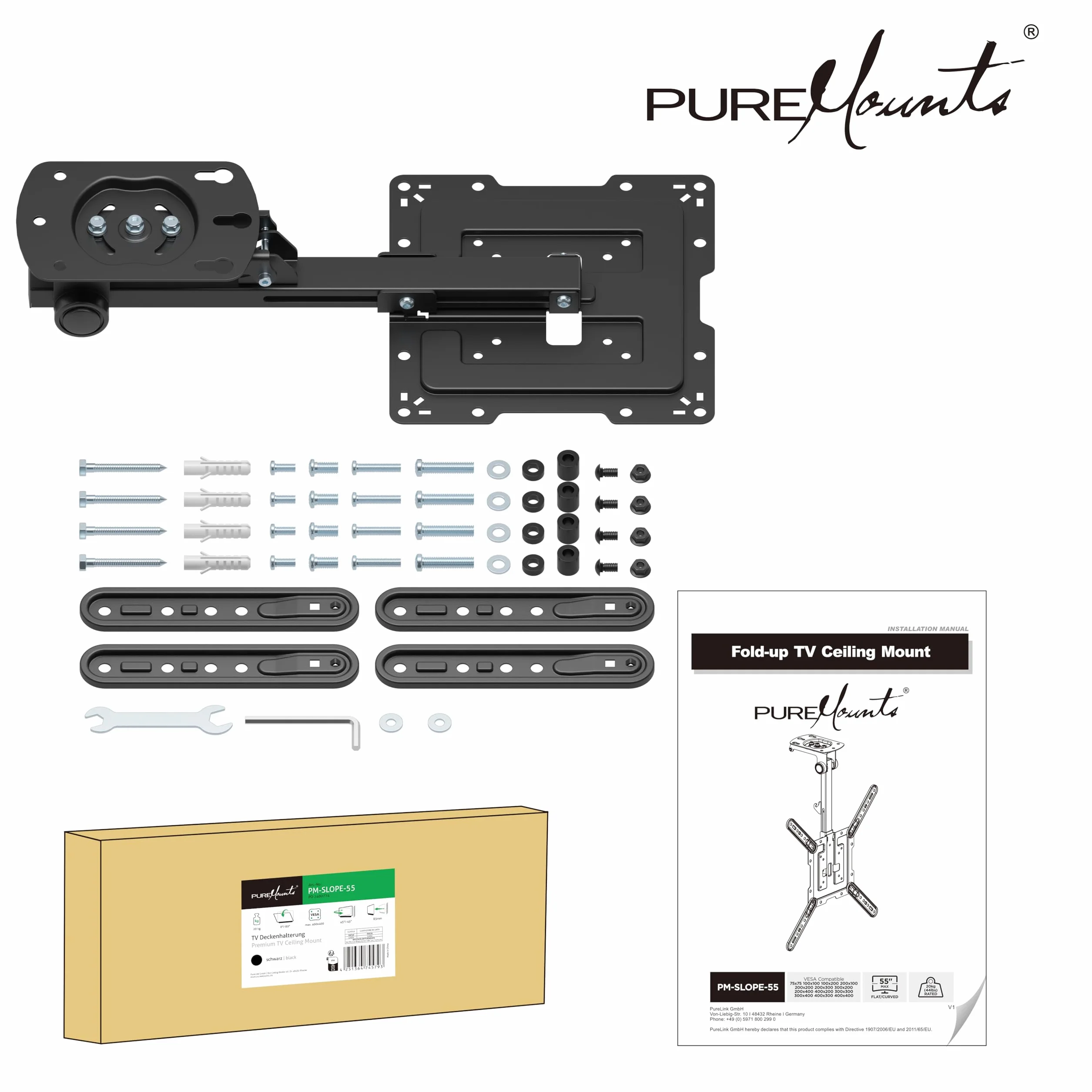 PureMounts Support TV pour Plafond, adapté aux téléviseurs 23-55 Pouces, Pliable, réglable en Hauteur, pivotant, inclinable, jusqu'à VESA 400x400, Noir