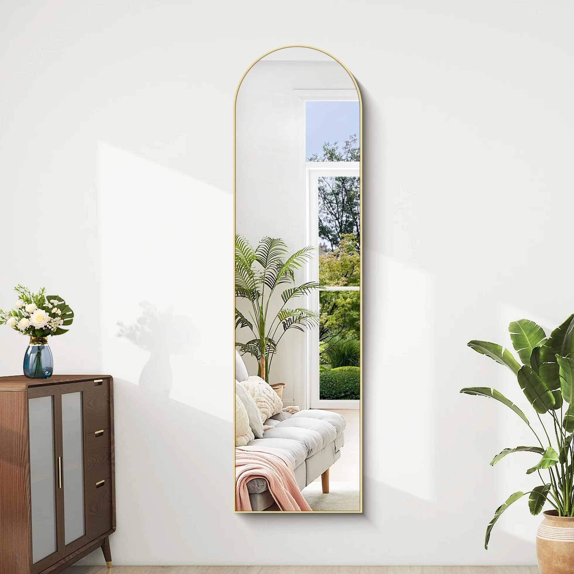 Grand Miroir sur Pied 150 x 40 cm, Miroir Arqué Pleine Longueur Cadre Aluminium Or pour Chambre, Entrée, Couloir