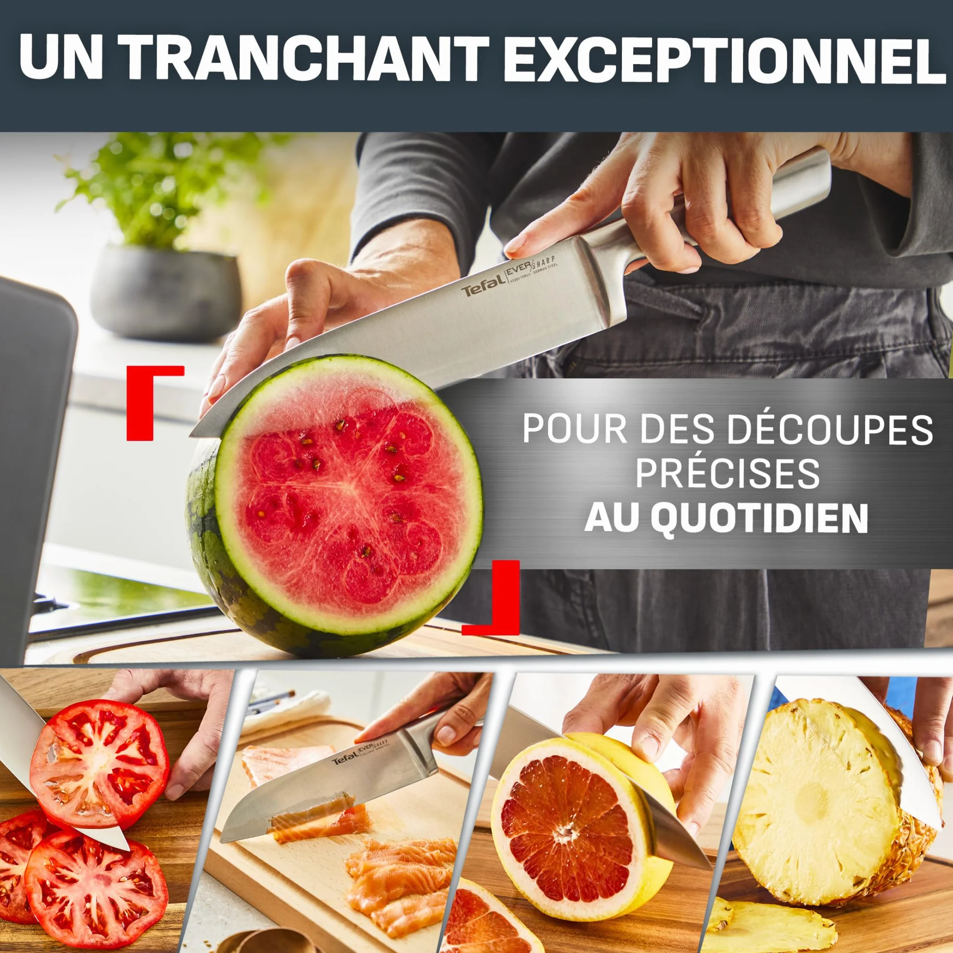Tefal EverSharp, Set de 5 couteaux en acier inoxydable, Bloc avec affûteur intégré, 5 couteaux, Tranchant durable, K2976S04