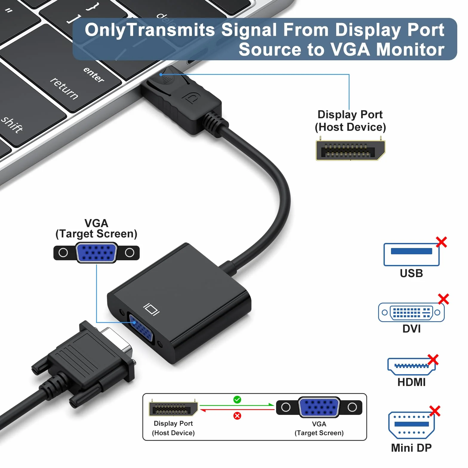 AK Wyświetlacz na adapter VGA (wtyczka na gniazdo), jednokierunkowy DP na VGA konwerter do komputera