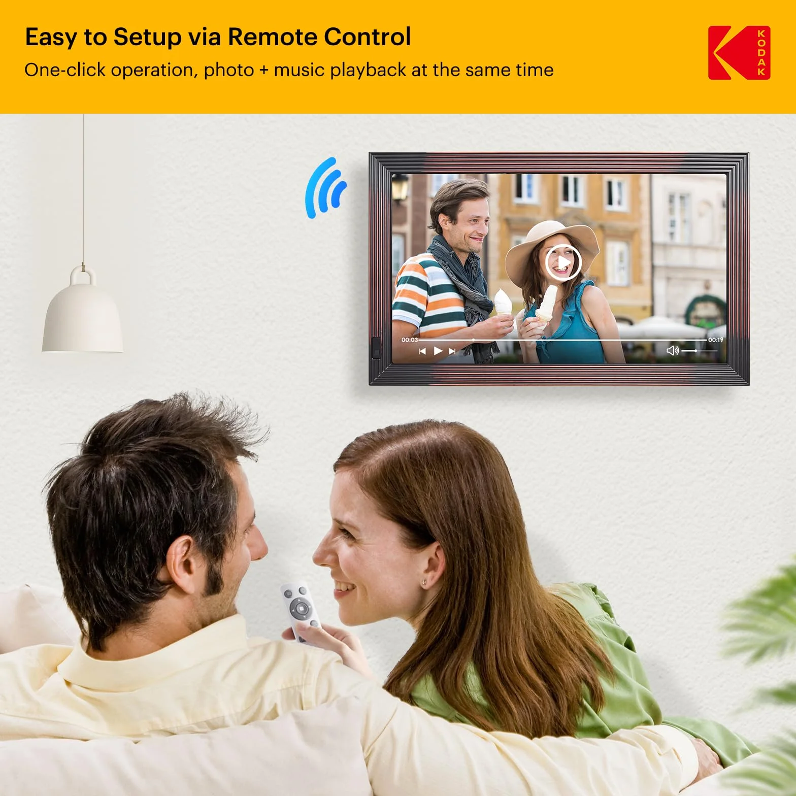 KODAK 21,5 cala Cyfrowa ramka na zdjęcia, duża ramka elektroniczna z Wi-Fi i pamięcią 32 GB, ramka cyfrowa FHD, udostępnianie zdjęć i filmów przez aplikację, pilot zdalnego sterowania, czujnik ruchu