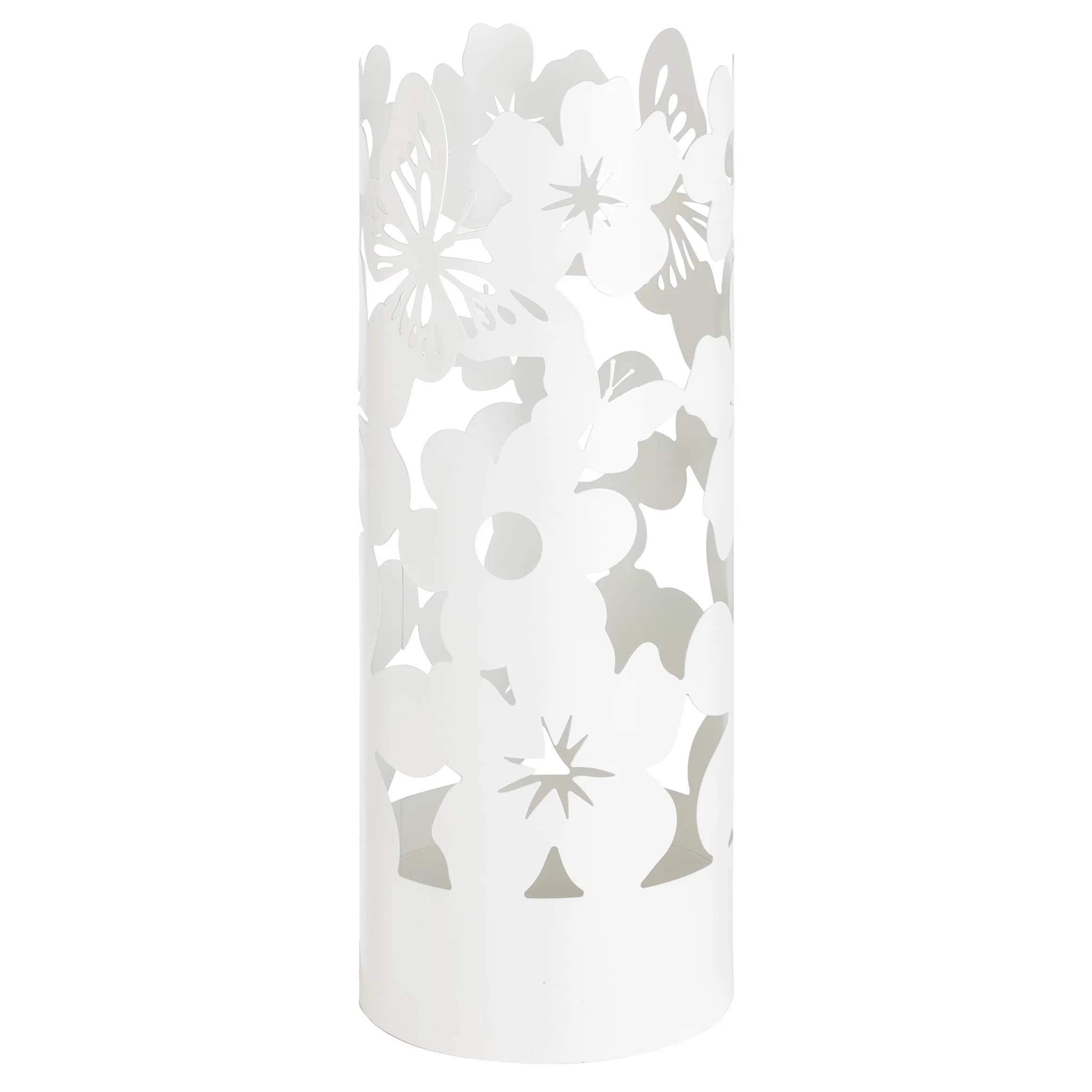 Baroni Home Porte-Parapluie Design Moderne en Métal Ajourné Forme de Fleurs, avec 2 Crochets et Bac d'Égouttement Extractible, Blanc 49x19 cm