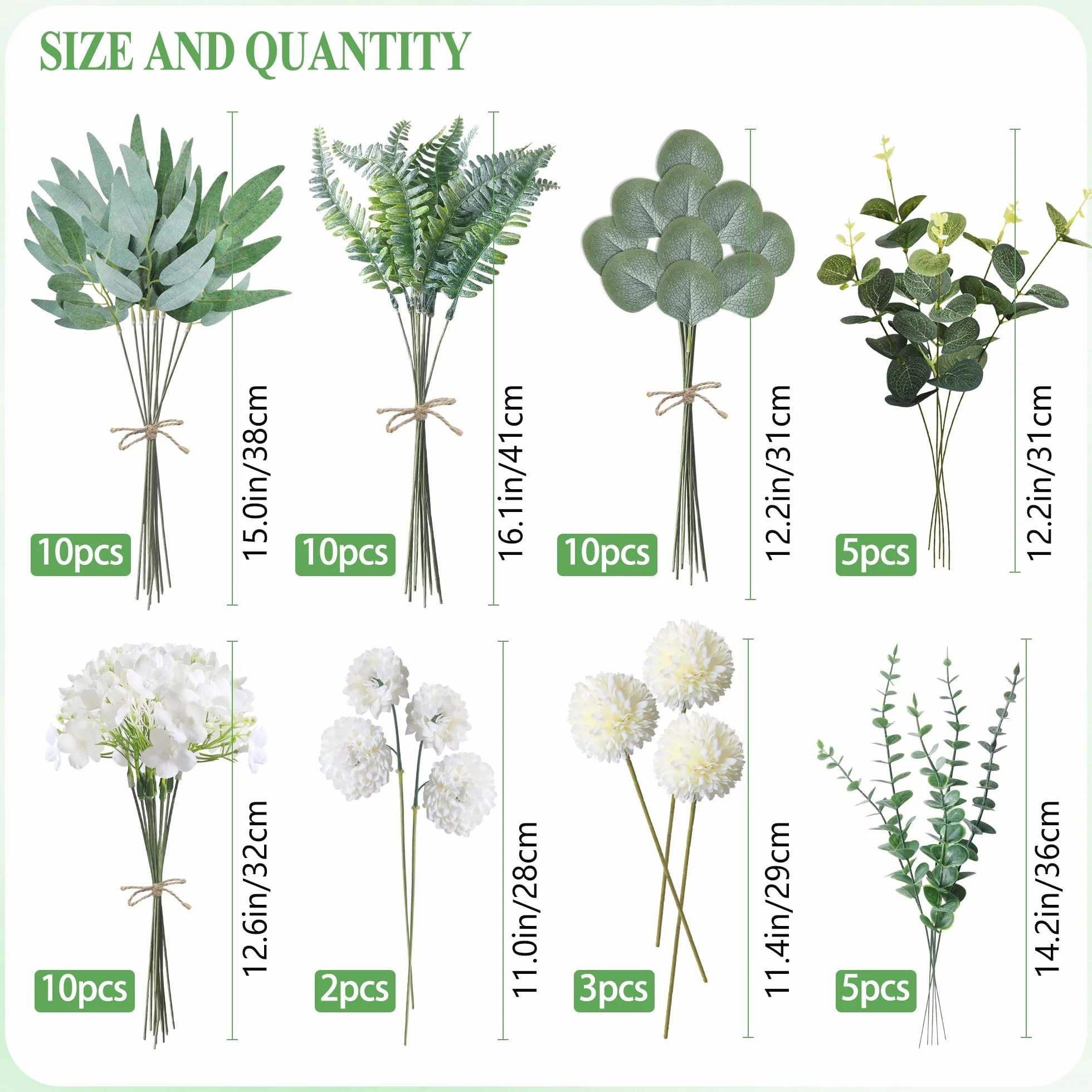 ROLLWAY Bouquet de Fleurs Artificielles 55pcs Fausse Soie Décoration Maison Mariage Bureau Vert Blanc