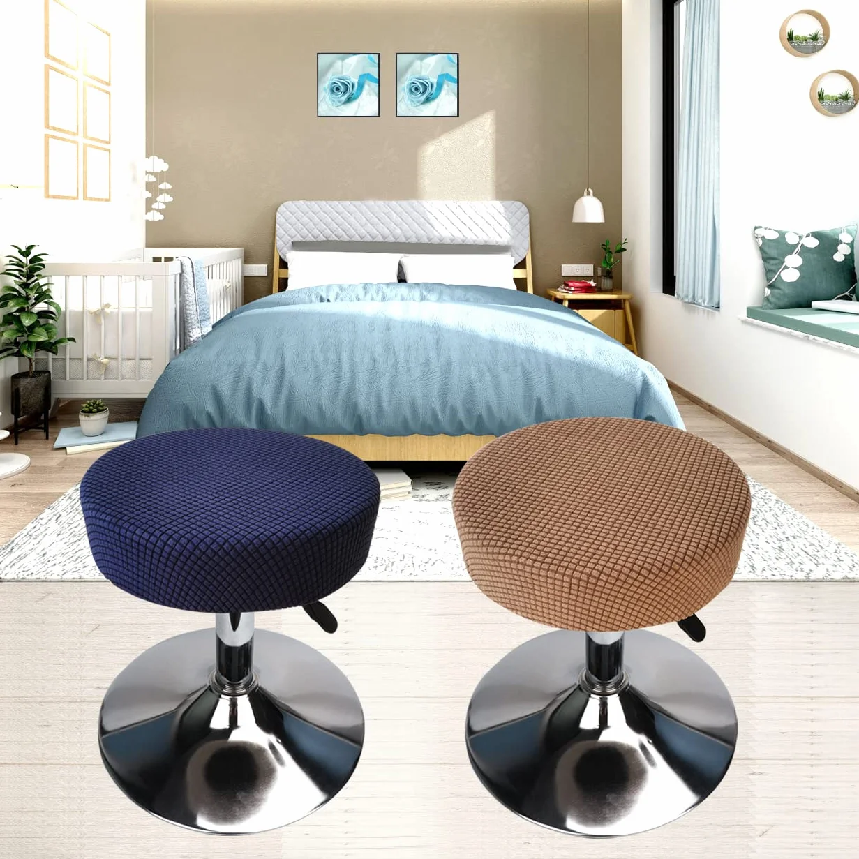 Housse Tabouret Rond 30-40cm Extensible Imperméable Lavable Doux Durable (2, Brun)
