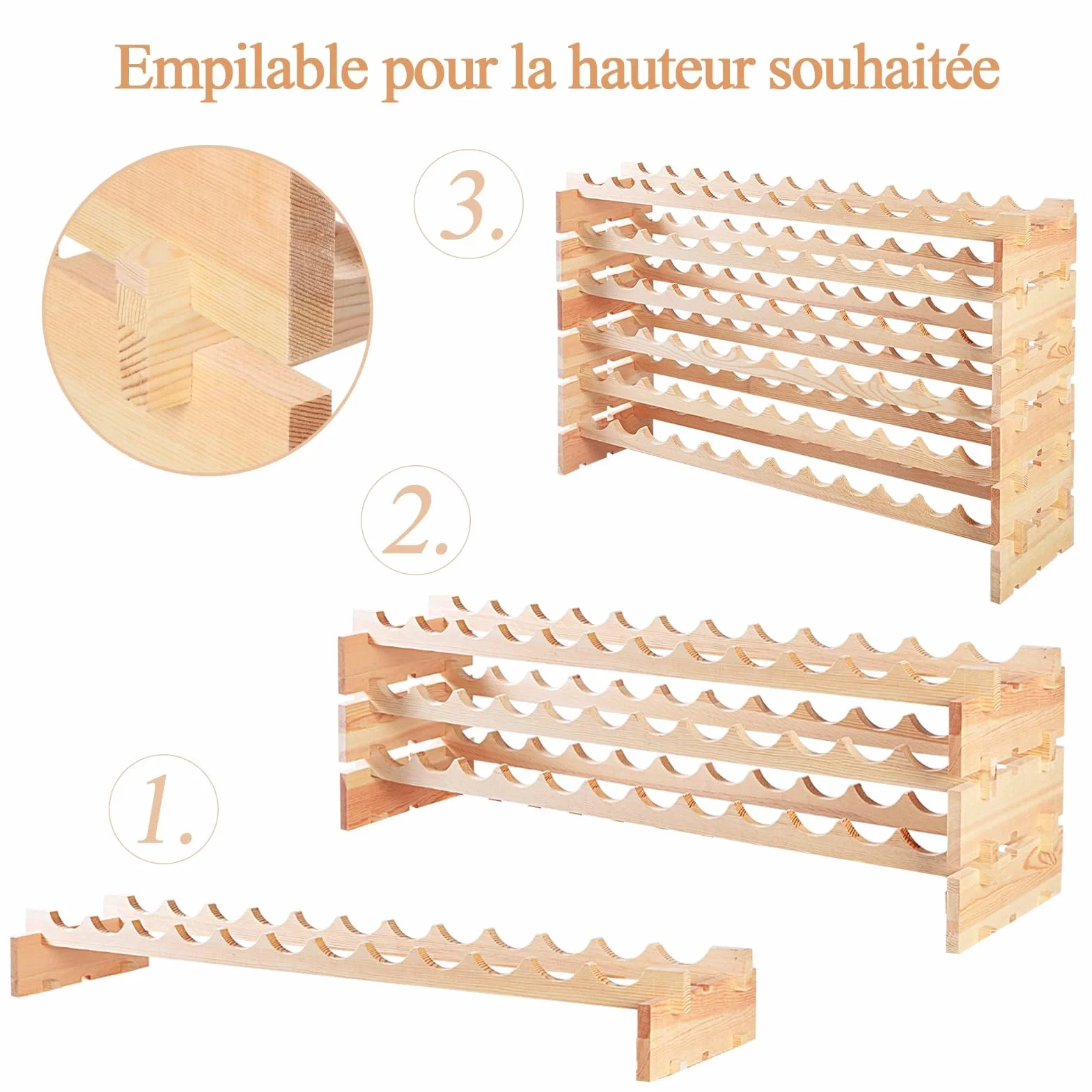COSTWAY Casier à Bouteilles pour 72 Bouteilles, Étagère à Vin en Bois de Pin, Porte-Bouteilles à 6 Niveaux Modulable et Extensible, Range Bouteille Robustes pour Cave, Cuisine, Bars, Naturel