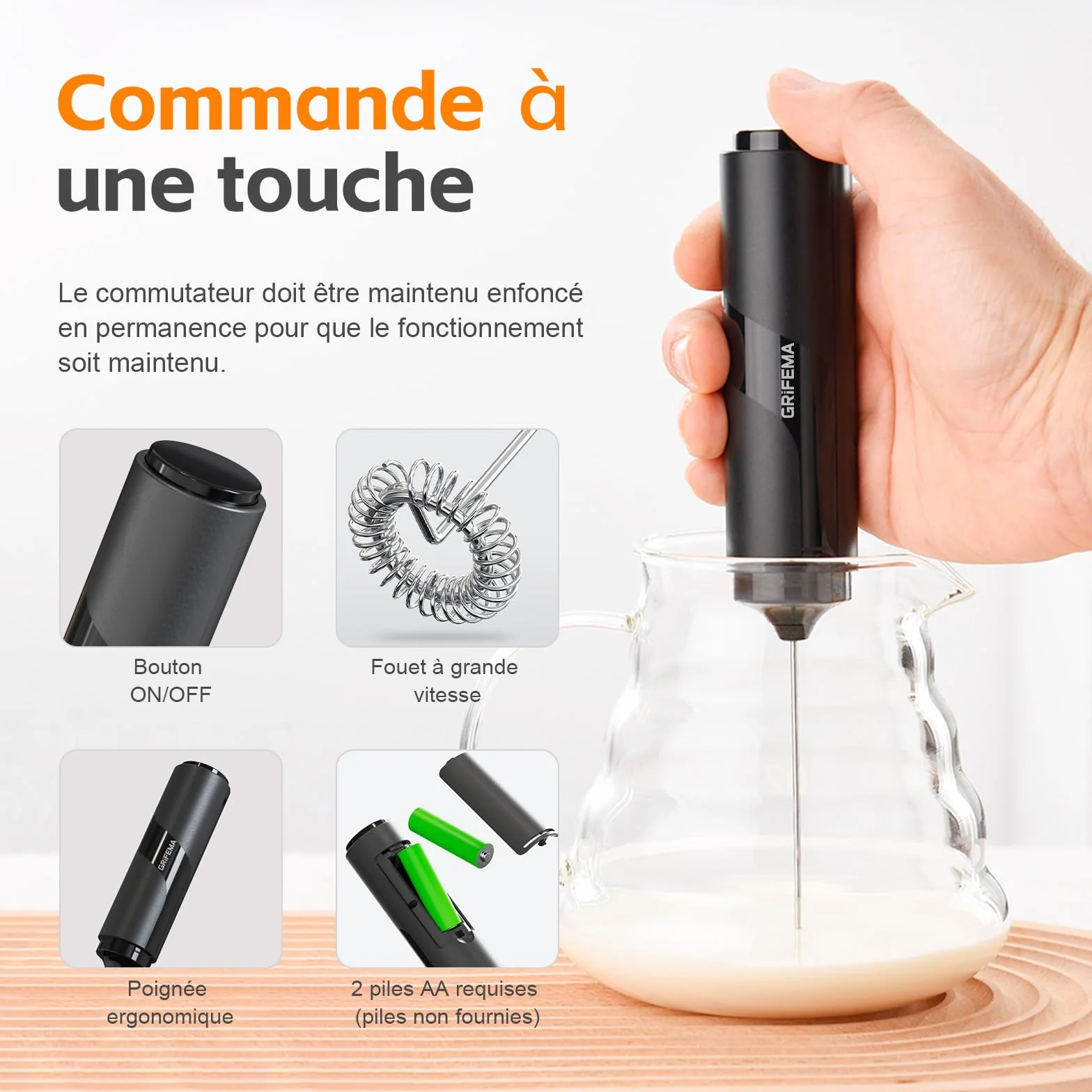 Mousseur à Lait Électrique 13 000 tr/min, Fouet Mini sans BPA, Piles, GRIFEMA