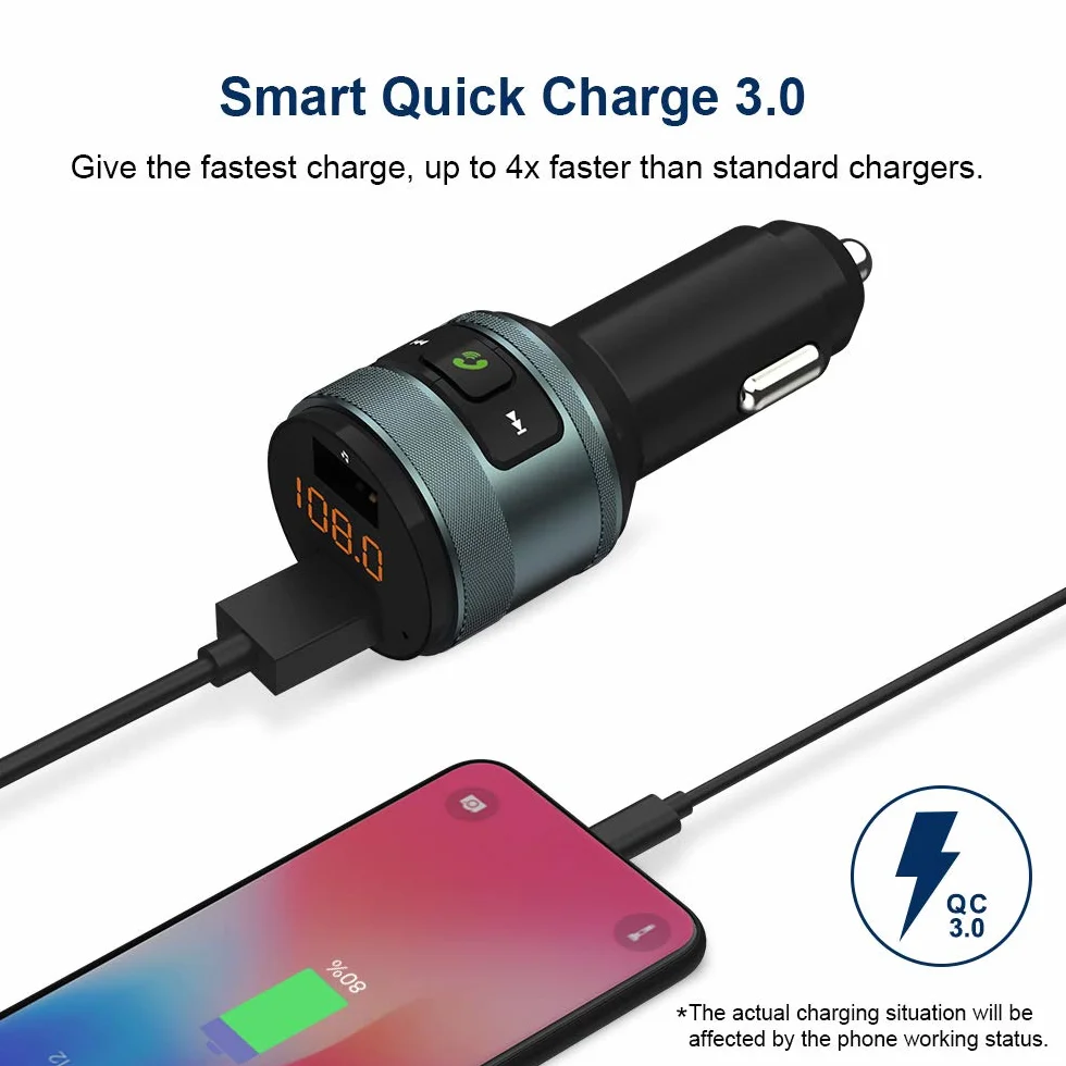 Zealife Transmiter Bluetooth Fm, Transmiter Samochodowy Qc 3.0, Bezprzewodowy Adapter Bluetooth Fm, Zestaw Głośnomówiący Z Ładowarką Dual Usb, Obsługuje Pamięć Usb 64 Gb