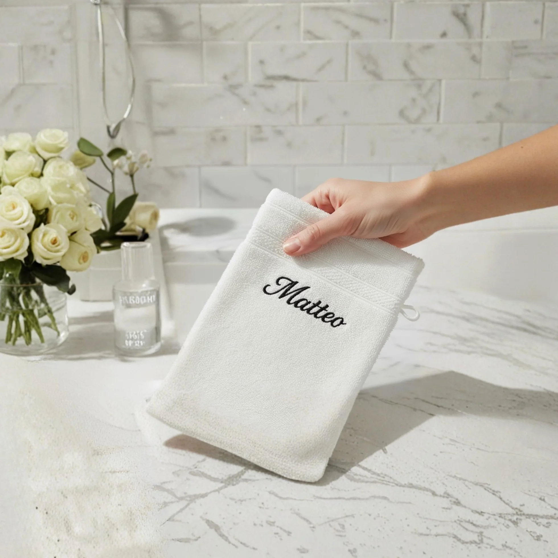 Gant de Toilette personnalisé Blanc 15x21 cm Éponge Coton Douce Broderie prénom initiales Cadeau élégant