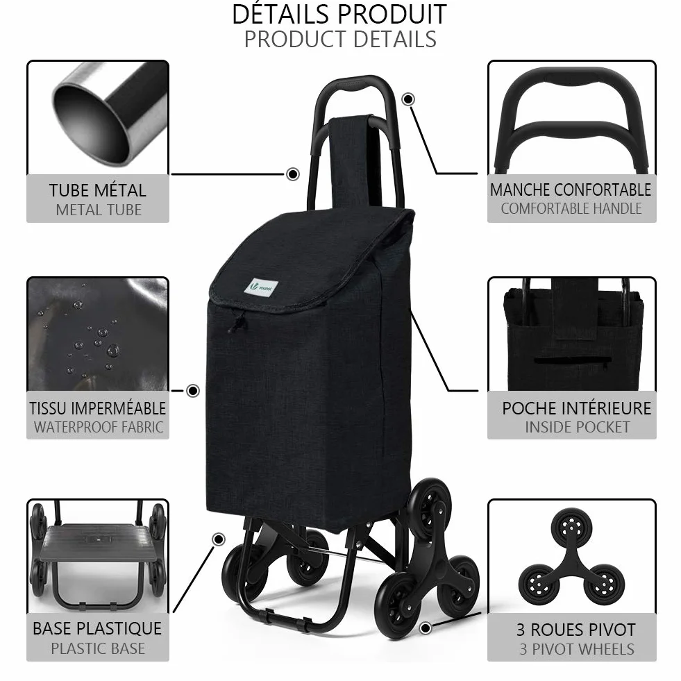 VOUNOT® Chariot de Courses 6 Roues Imperméable Pliable 2 en 1 Sac Oxford Noir