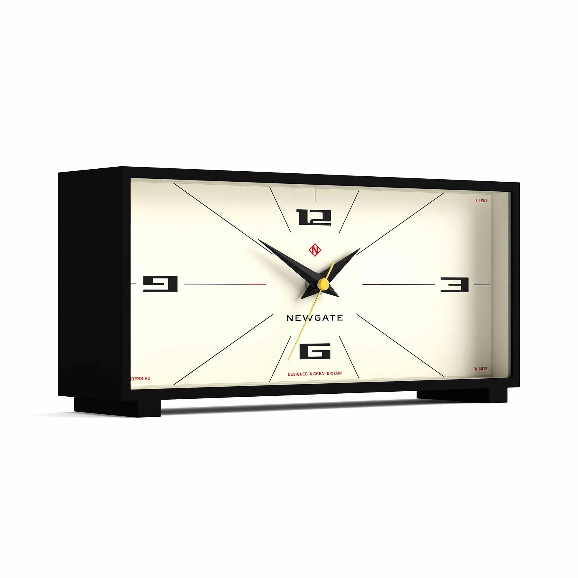 NEWGATE® Thunderbird Horloge de Bureau | Design rectangulaire rétro Contemporain | Noir | Style Moderne du Milieu du siècle pour Bureau, cheminée, Plateau de Table ou étagère