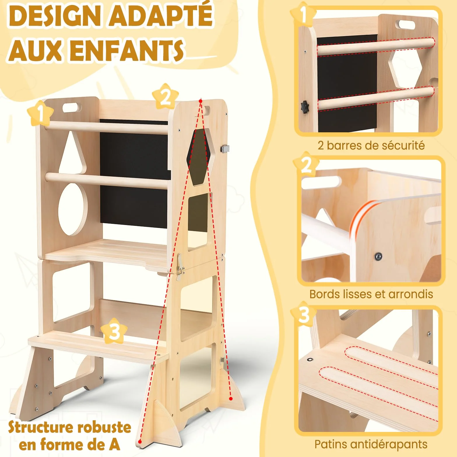 Woodure Tour d'apprentissage Montessori 4 en 1, Tour d Observation Enfant Pliable avec Tableau Noir, Tabouret de Cuisine en Bois pour Enfants, Cadeaux pour garçons et Filles de 1 à 3 Ans