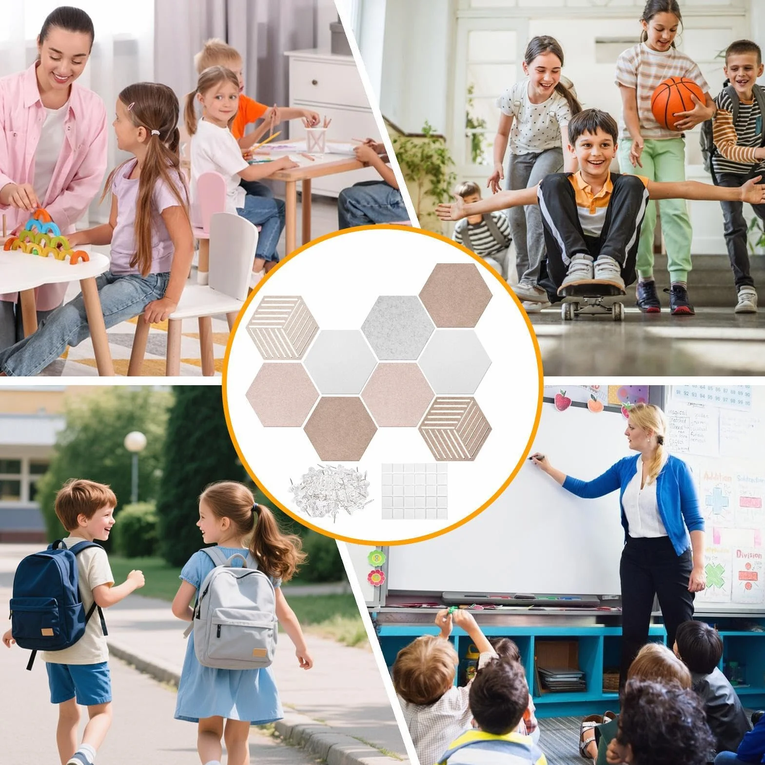 Tableau d'affichage hexagonal en feutre 30 x 26 x 0,9 cm autocollant fibre de polyester